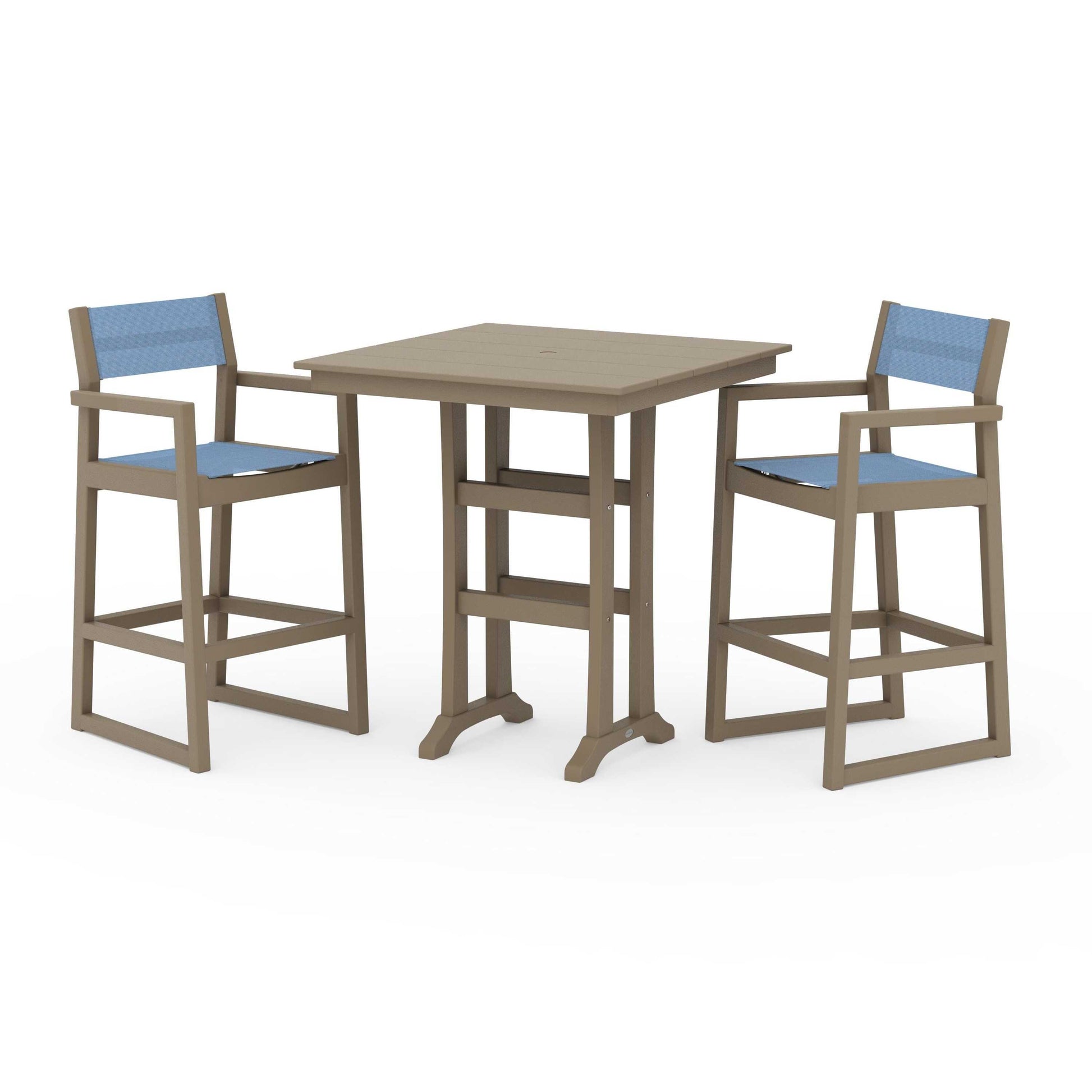 POLYWOOD EDGE Sling Arm Chair 3-Piece Farmhouse Bar Set with Trestle Legs — Vintage Sahara / Poolside Sling