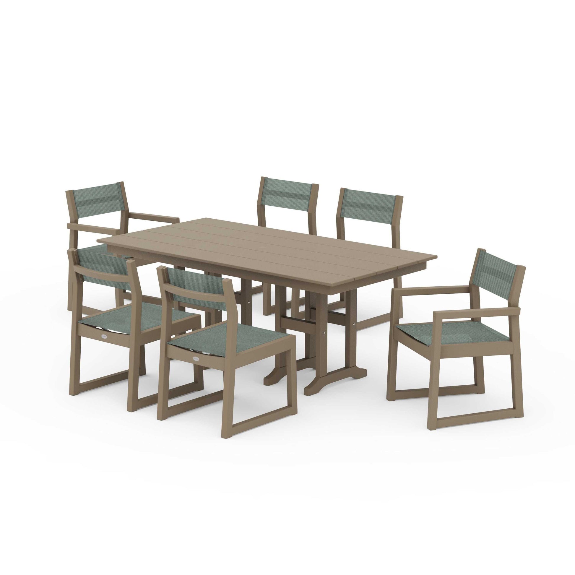 POLYWOOD EDGE Sling 7-Piece Farmhouse Dining Set — Vintage Sahara / Dupioni Sea Mist Sling