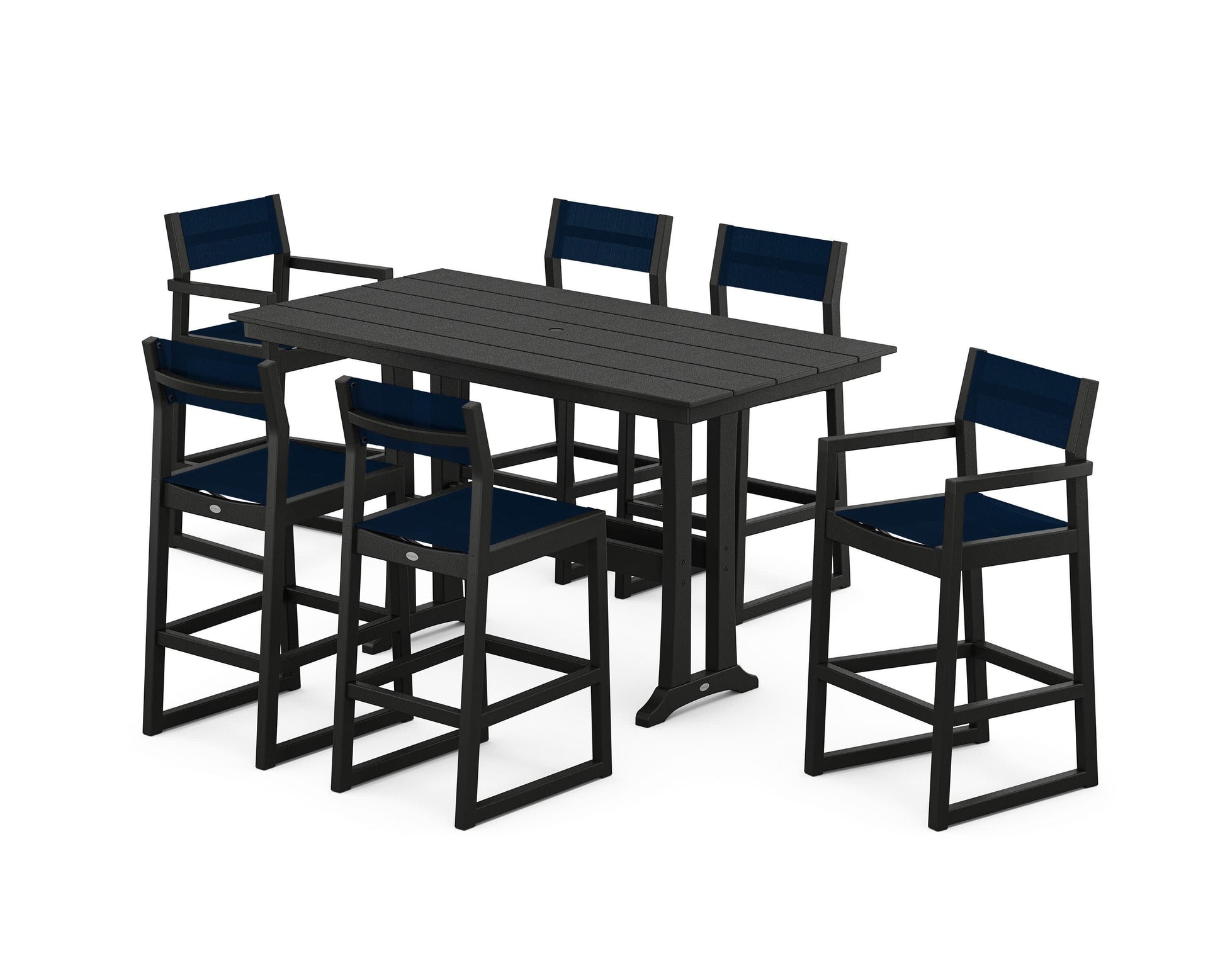 POLYWOOD EDGE Sling 7-Piece Farmhouse Bar Set with Trestle Legs — Black / Navy Blue Sling