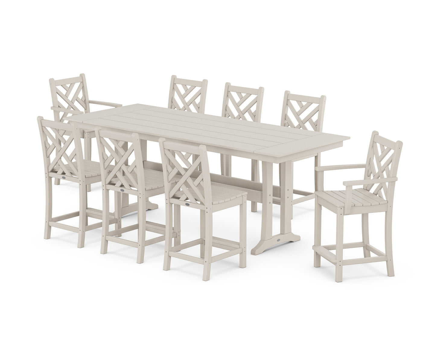 POLYWOOD Chippendale 9-Piece Farmhouse Counter Set with Trestle Legs — Sand