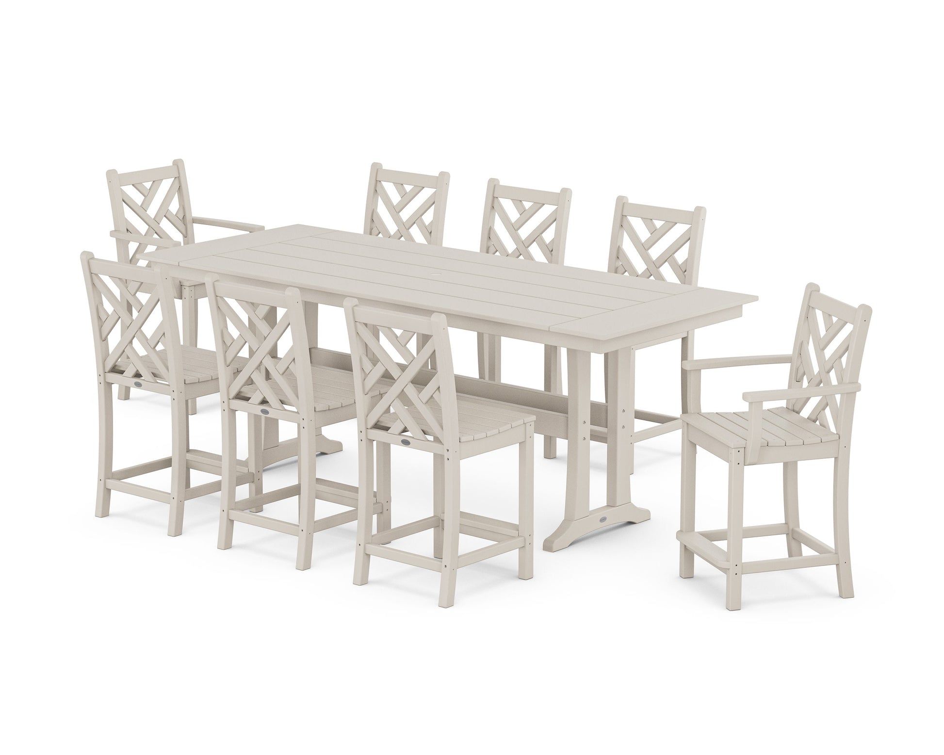 POLYWOOD Chippendale 9-Piece Farmhouse Counter Set with Trestle Legs — Sand