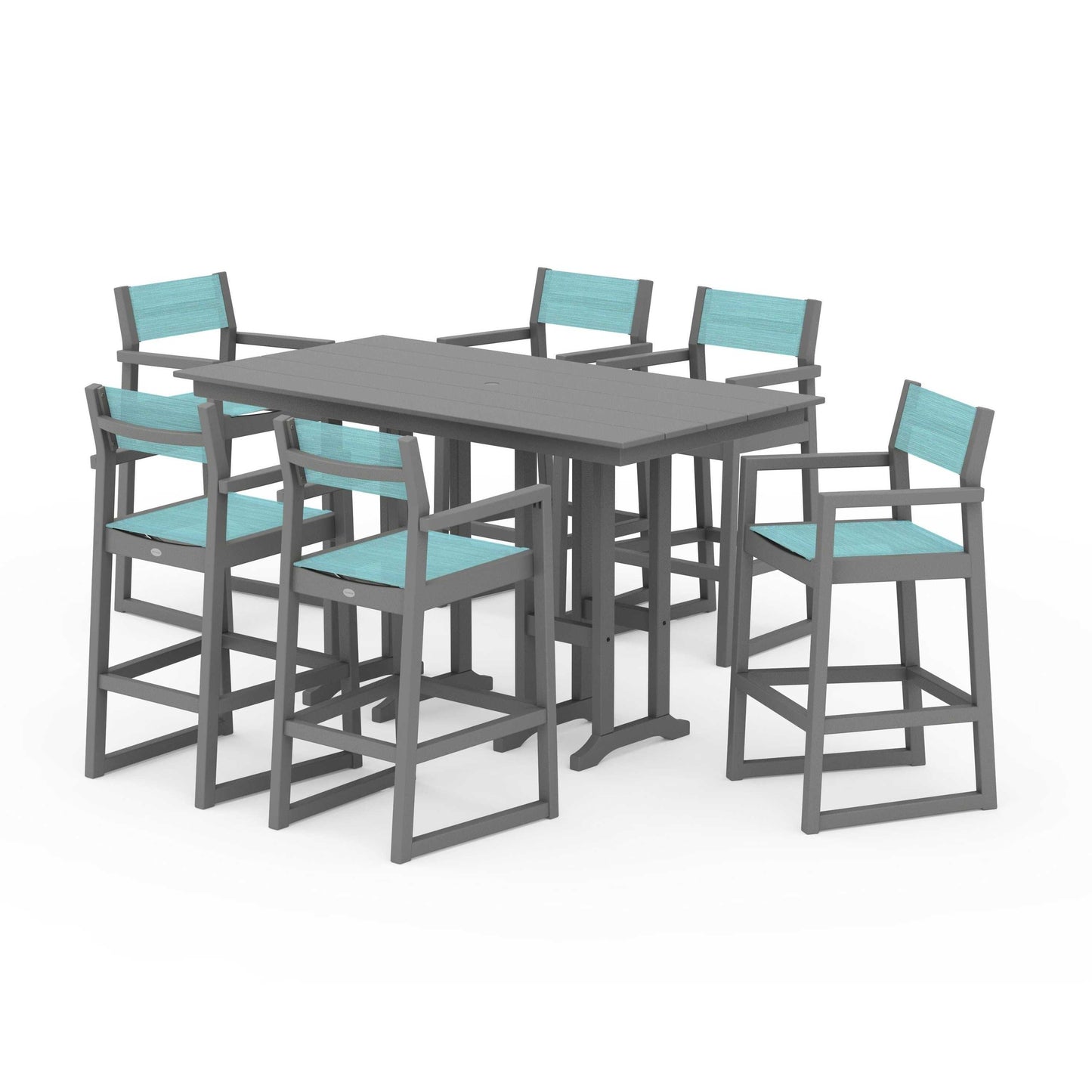 POLYWOOD EDGE Sling Arm Chair 7-Piece Farmhouse Bar Set — Slate Grey / Dupioni Aquamarine Sling