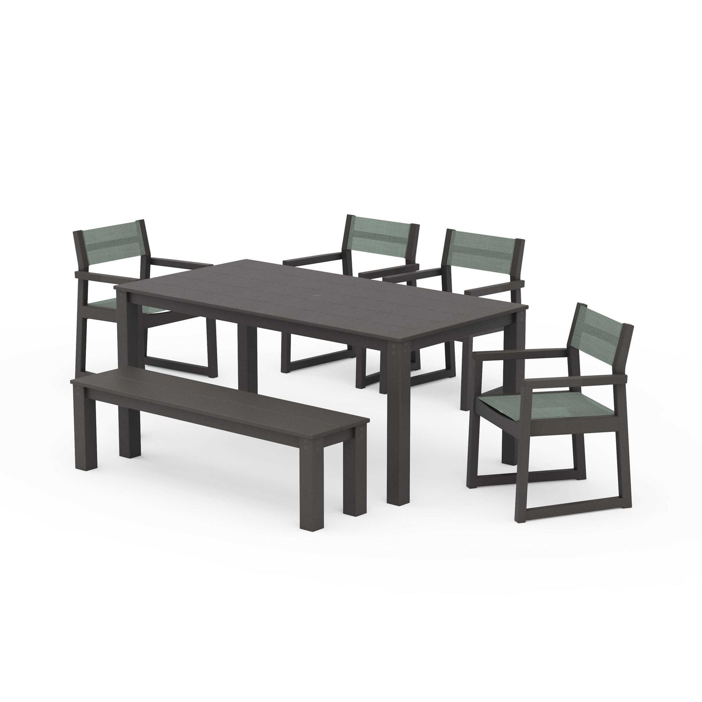 POLYWOOD EDGE Sling Arm Chair 6-Piece Parsons Dining Set with Bench — Vintage Coffee / Dupioni Sea Mist Sling
