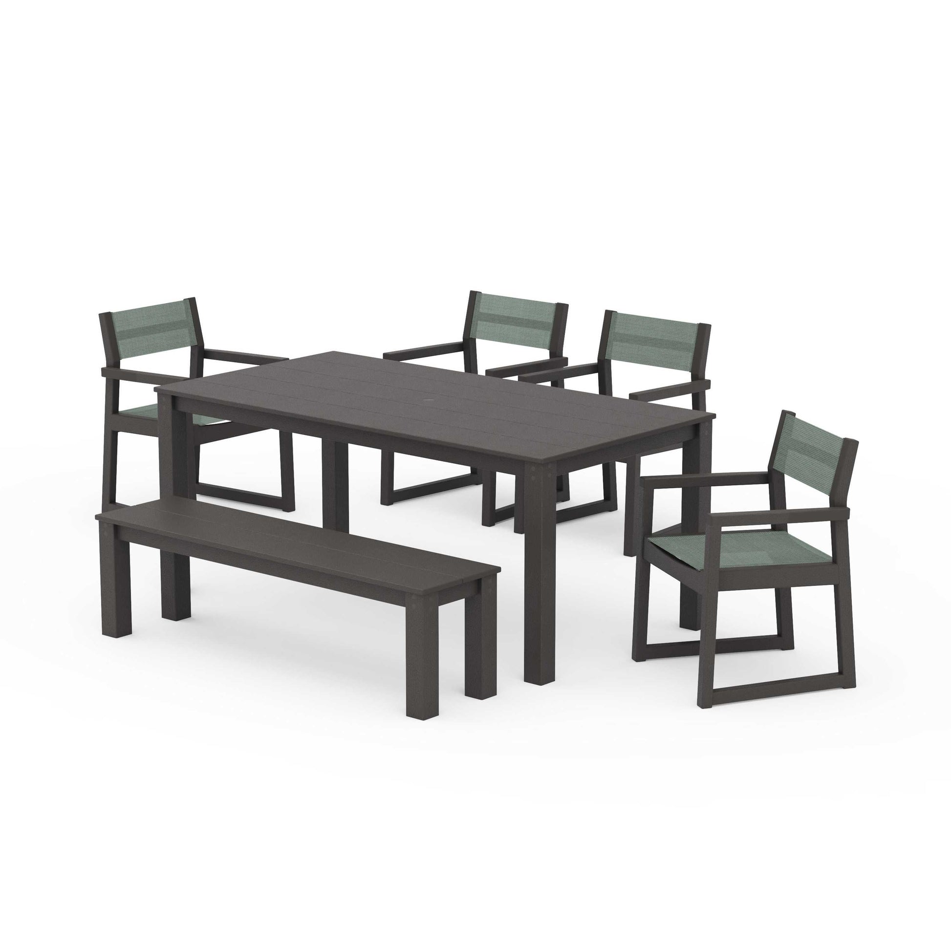 POLYWOOD EDGE Sling Arm Chair 6-Piece Parsons Dining Set with Bench — Vintage Coffee / Dupioni Sea Mist Sling