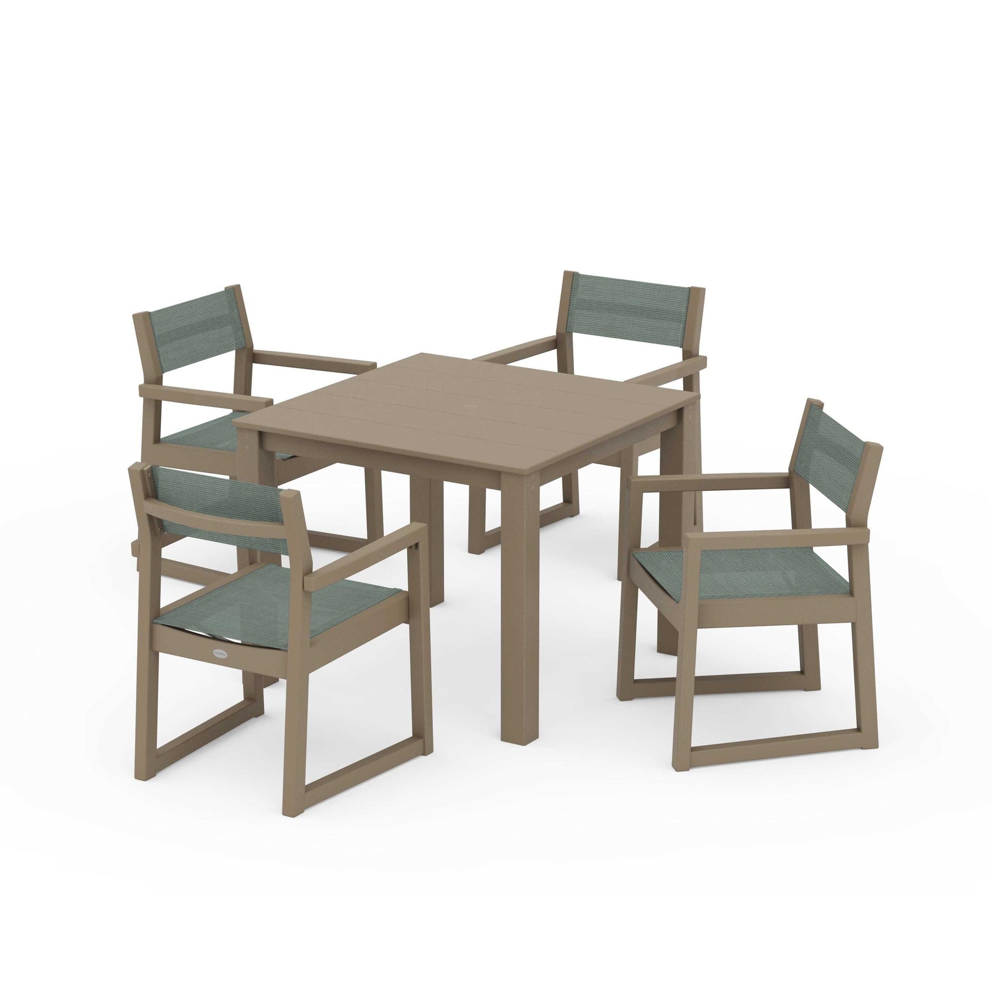POLYWOOD EDGE Sling Arm Chair 5-Piece Parsons Dining Set — Vintage Sahara / Dupioni Sea Mist Sling