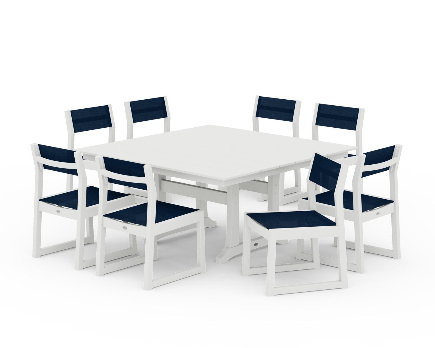 POLYWOOD EDGE Sling Side Chair 9-Piece Farmhouse Trestle Dining Set — Vintage White / Navy Blue Sling