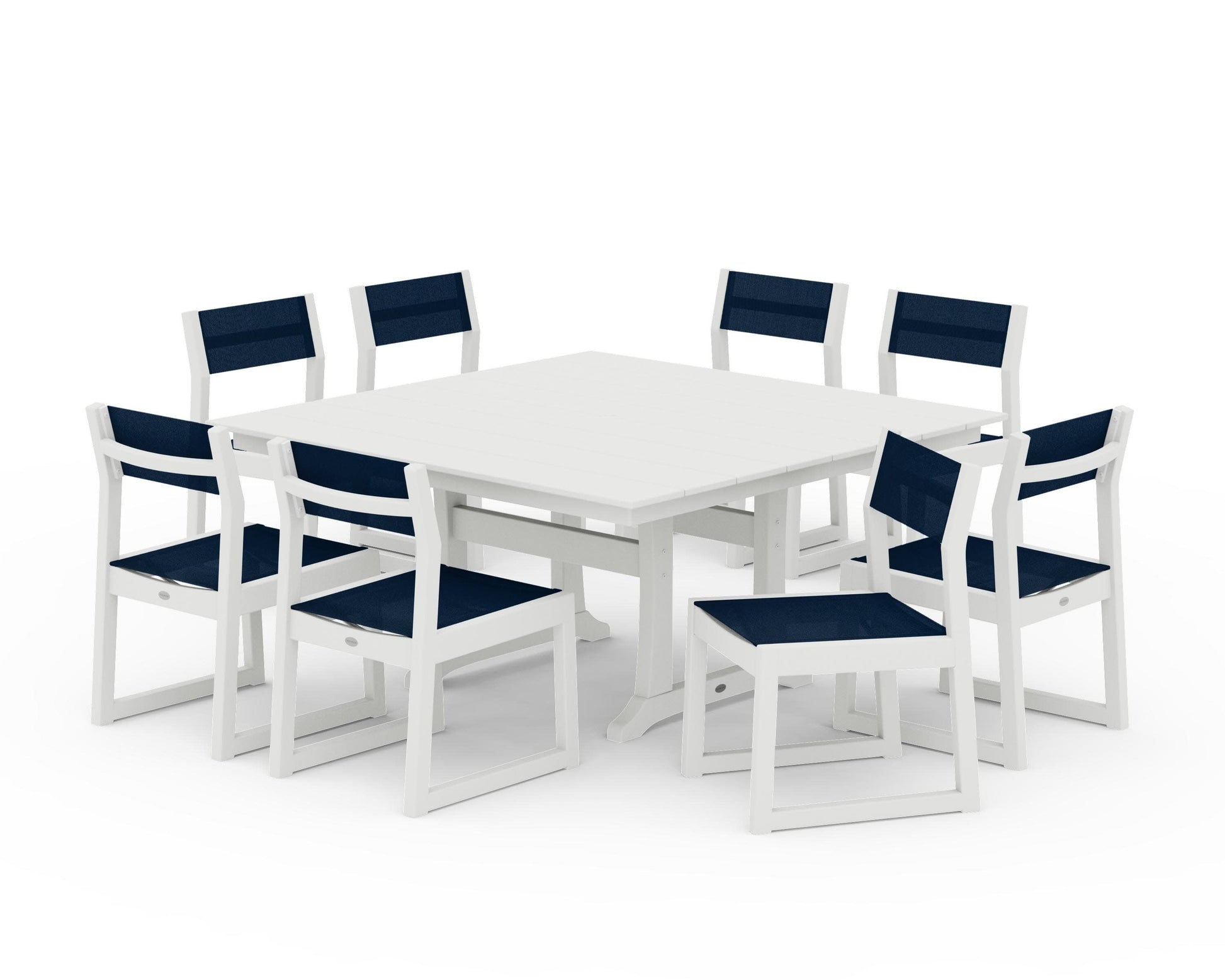POLYWOOD EDGE Sling Side Chair 9-Piece Farmhouse Trestle Dining Set — Vintage White / Navy Blue Sling