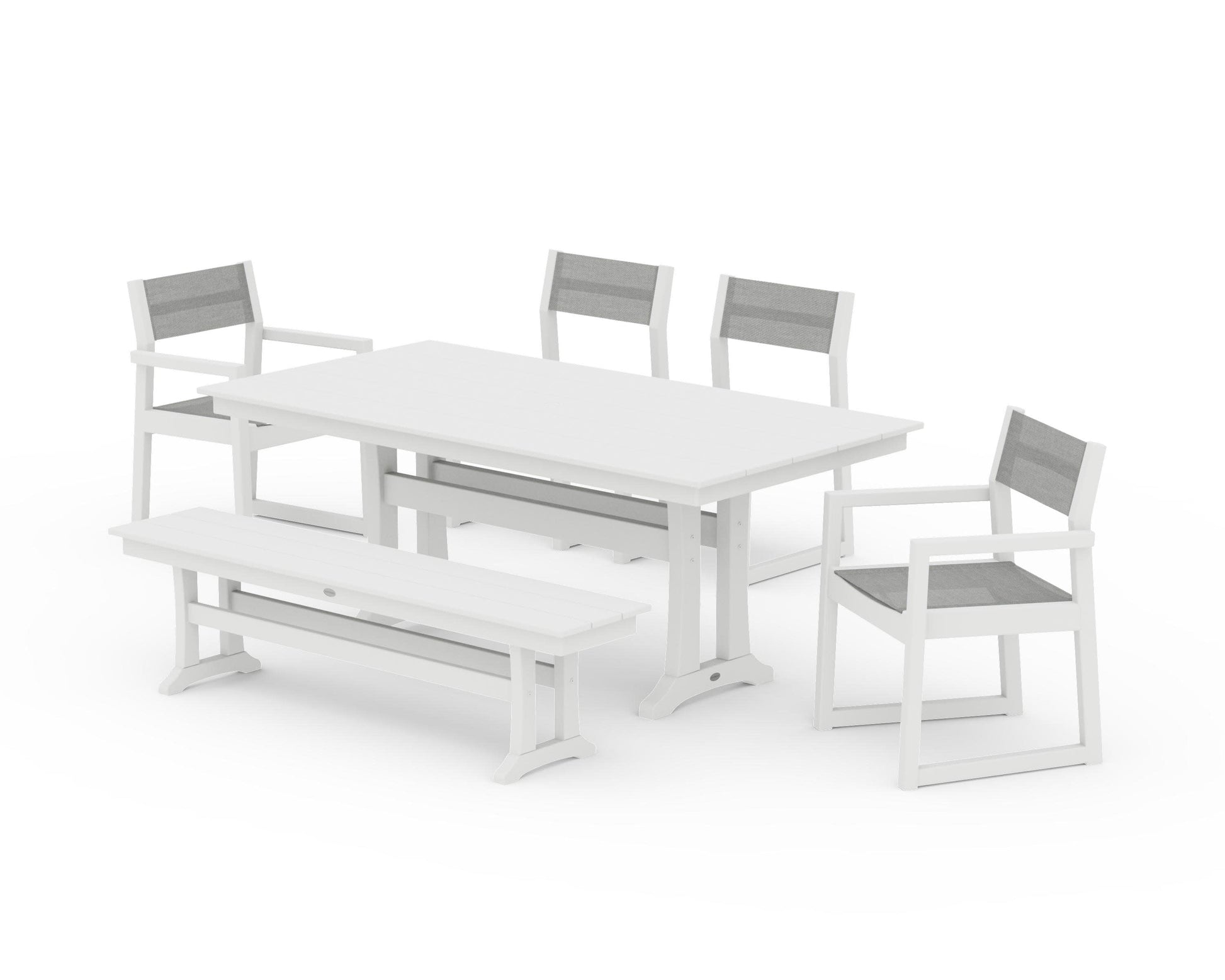 POLYWOOD EDGE Sling 6-Piece Farmhouse Dining Set With Trestle Legs — White / Metallic Sling