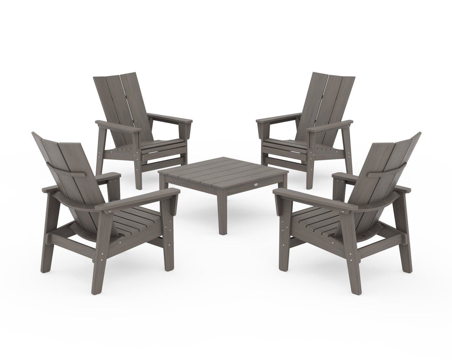 POLYWOOD 5-Piece Modern Grand Upright Adirondack Chair Conversation Group — Driftwood