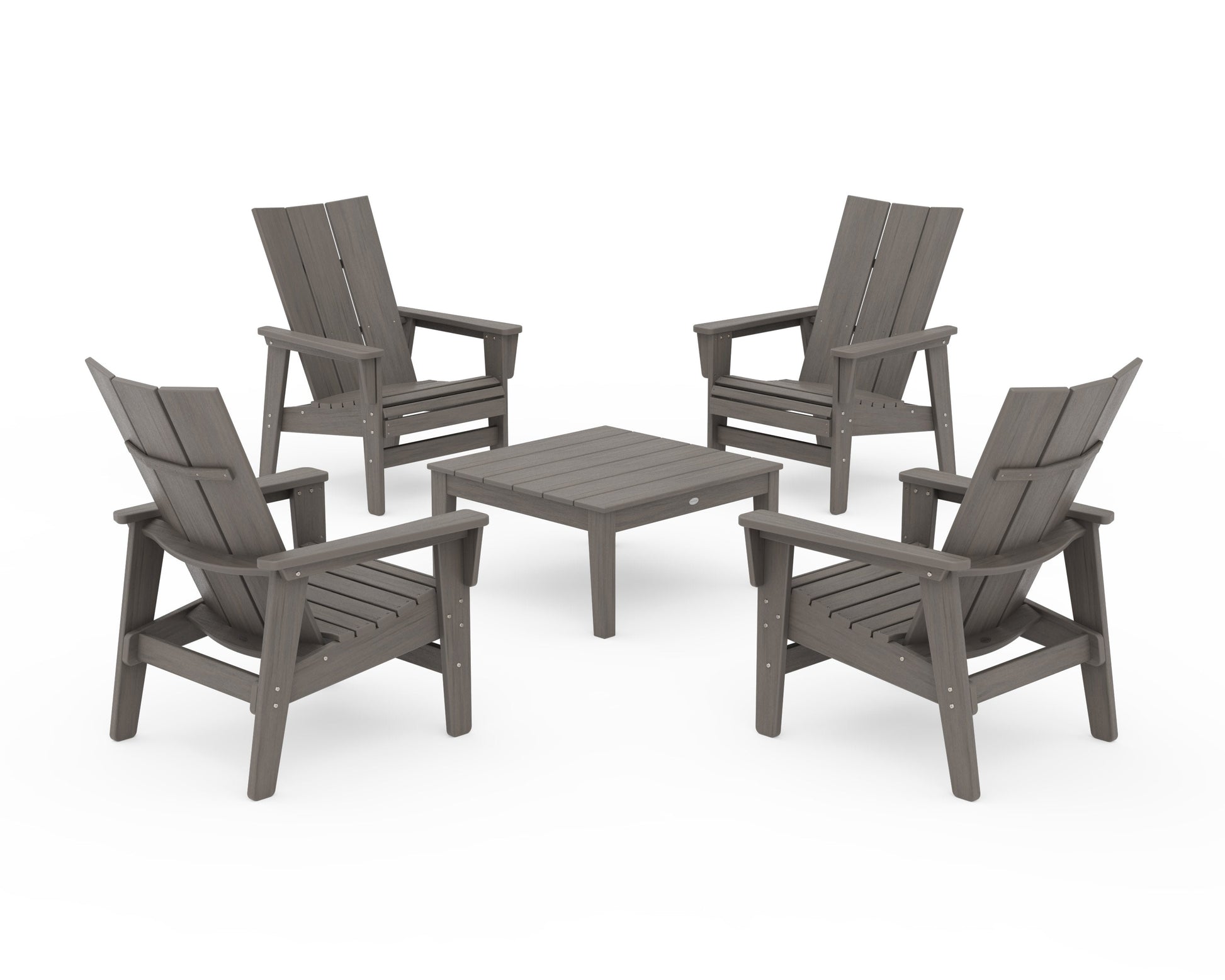 POLYWOOD 5-Piece Modern Grand Upright Adirondack Chair Conversation Group — Driftwood