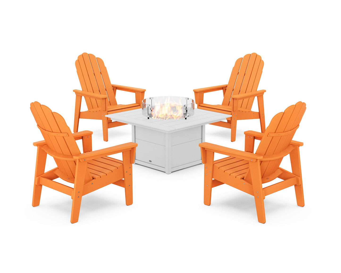 POLYWOOD 5-Piece Vineyard Grand Upright Adirondack Conversation Set with Fire Pit Table — Tangerine / White