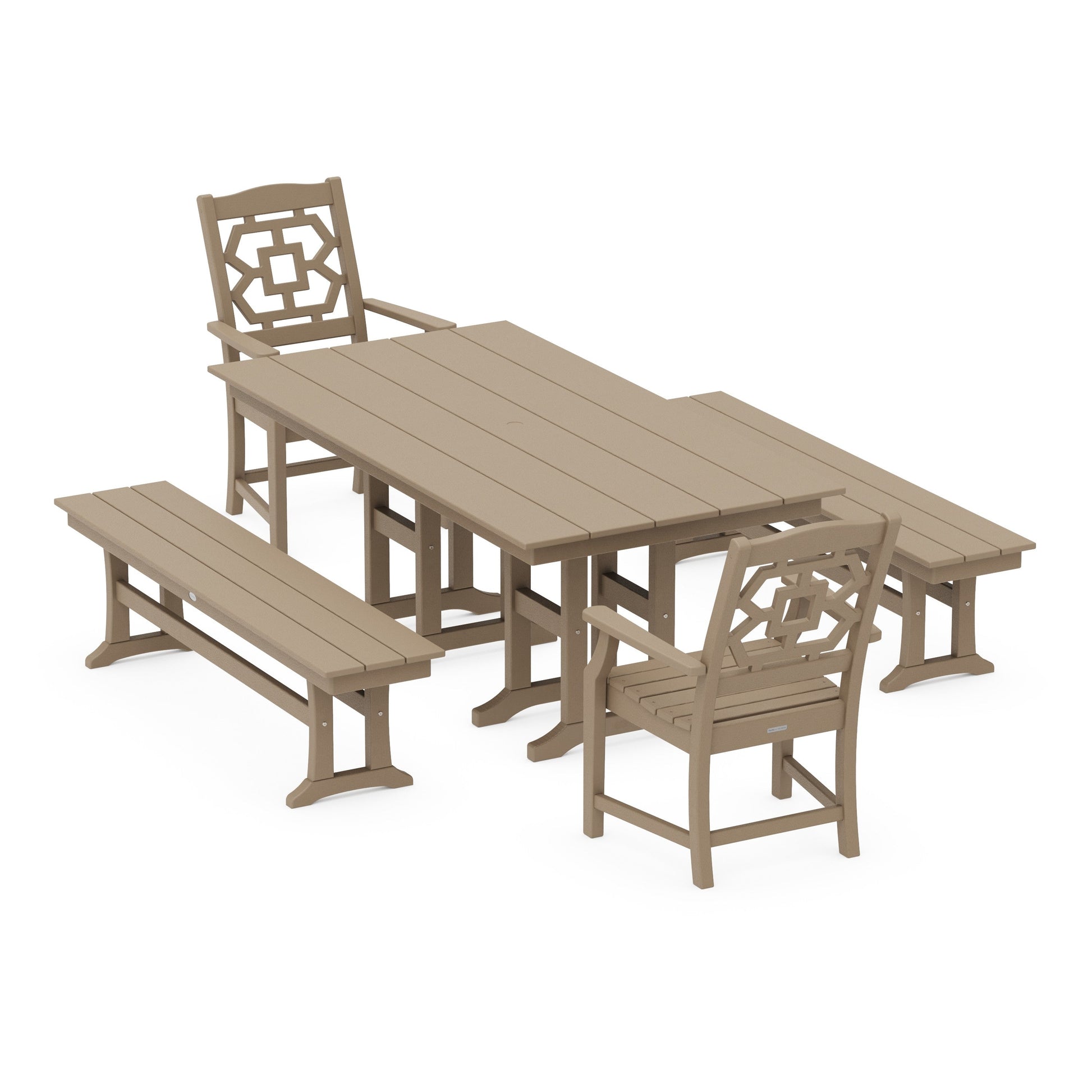 POLYWOOD Chinoiserie 5-Piece Farmhouse Dining Set with Benches — Vintage Sahara