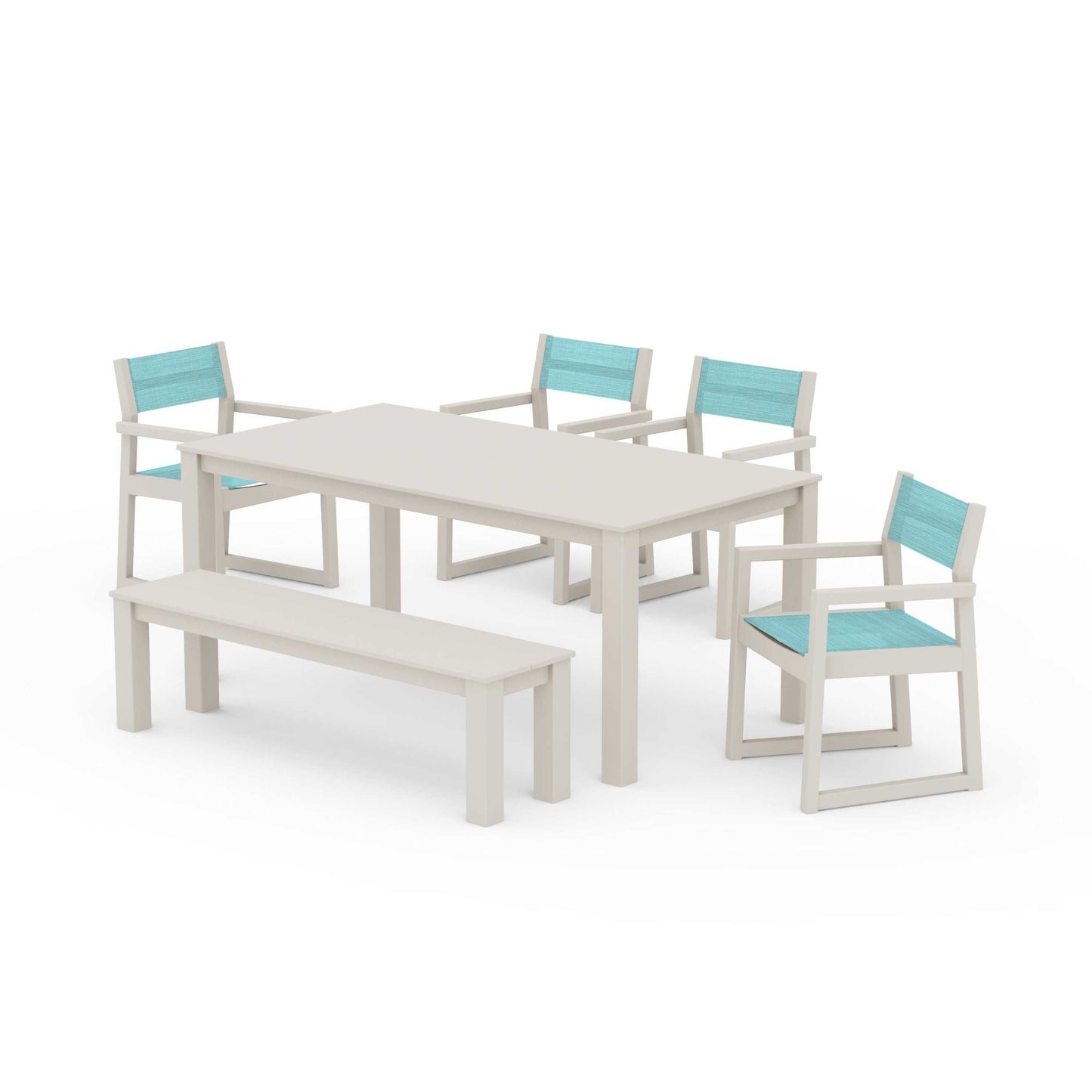 POLYWOOD EDGE Sling Arm Chair 6-Piece Parsons Dining Set with Bench — Sand / Dupioni Aquamarine Sling