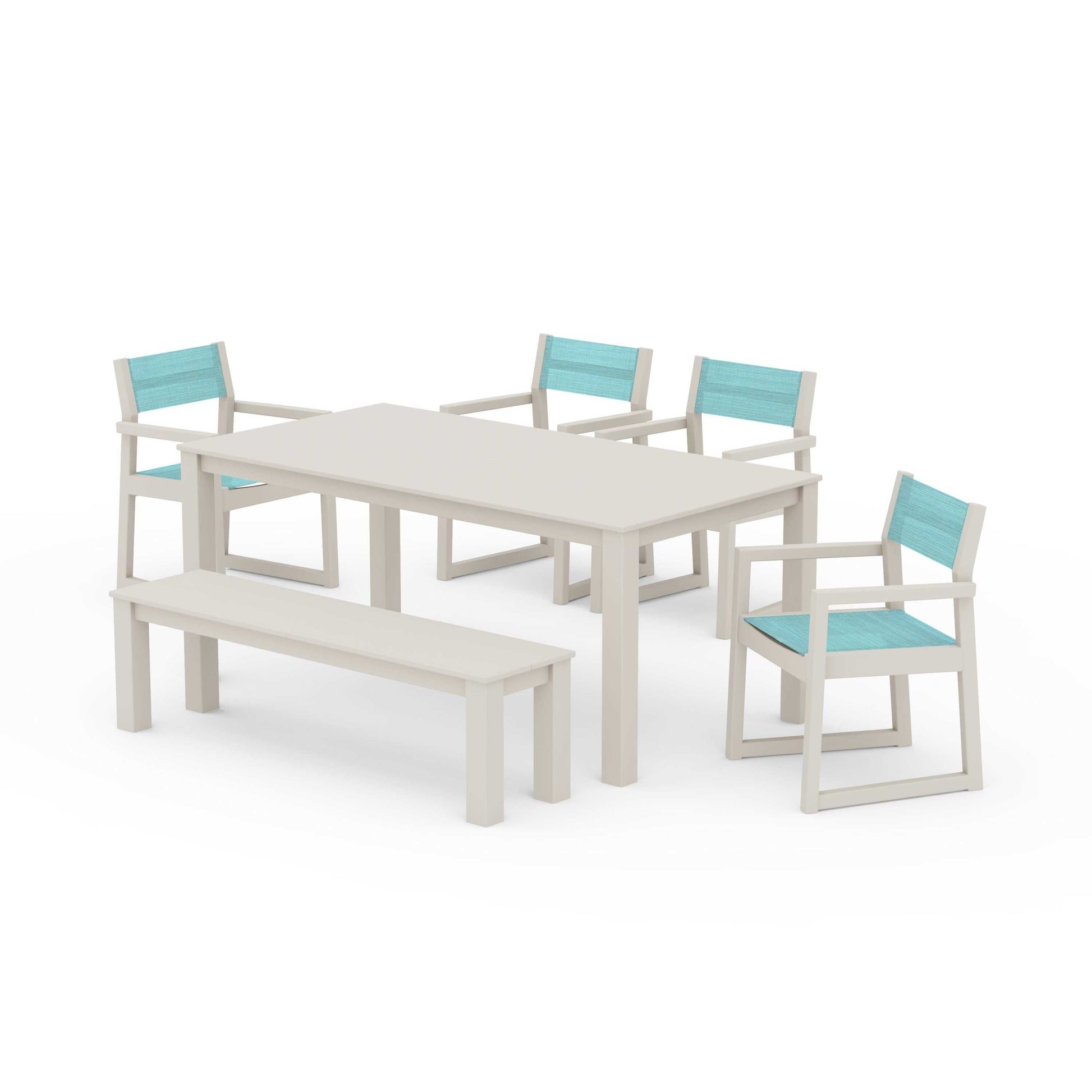 POLYWOOD EDGE Sling Arm Chair 6-Piece Parsons Dining Set with Bench — Sand / Dupioni Aquamarine Sling