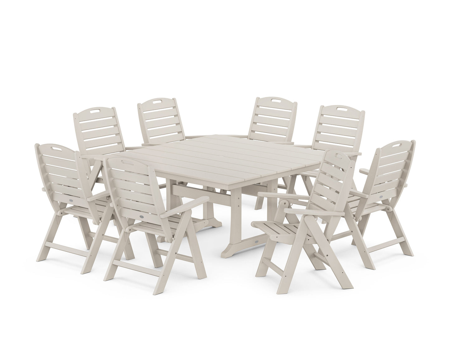 POLYWOOD Nautical Highback 9-Piece Square Farmhouse Dining Set with Trestle Legs — Sand