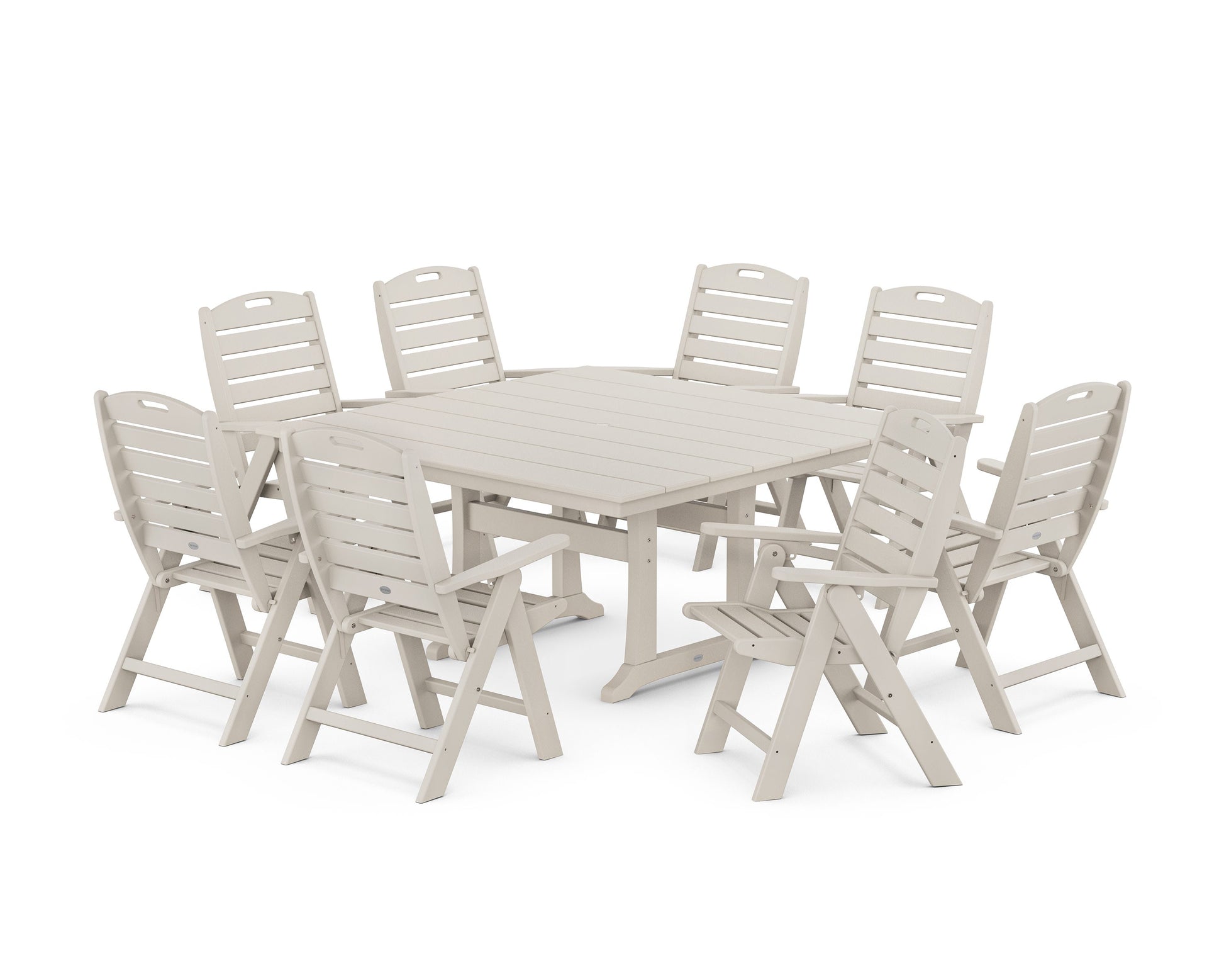 POLYWOOD Nautical Highback 9-Piece Square Farmhouse Dining Set with Trestle Legs — Sand