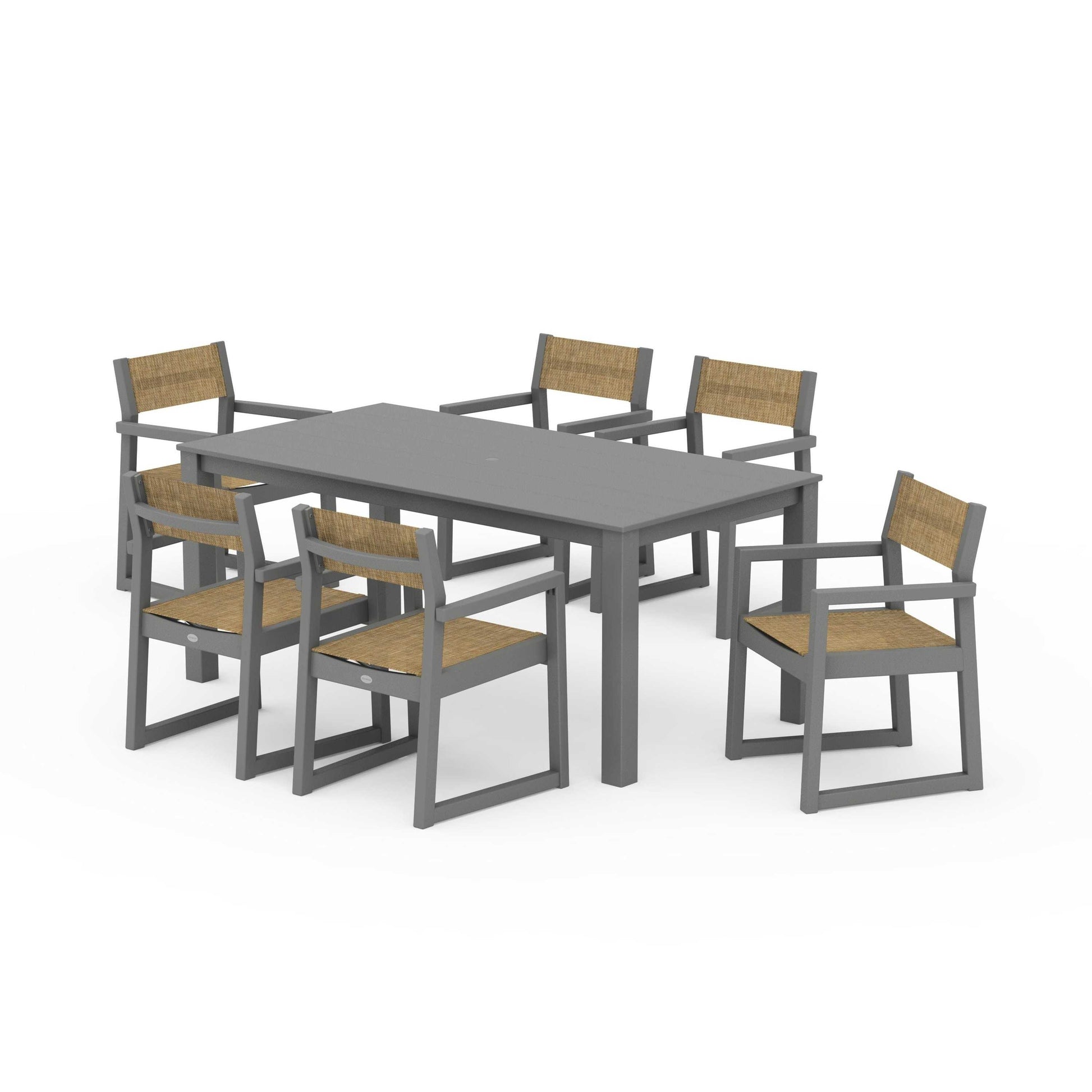 POLYWOOD EDGE Sling Arm Chair 7-Piece Parsons Dining Set — Slate Grey / Burlap Sling
