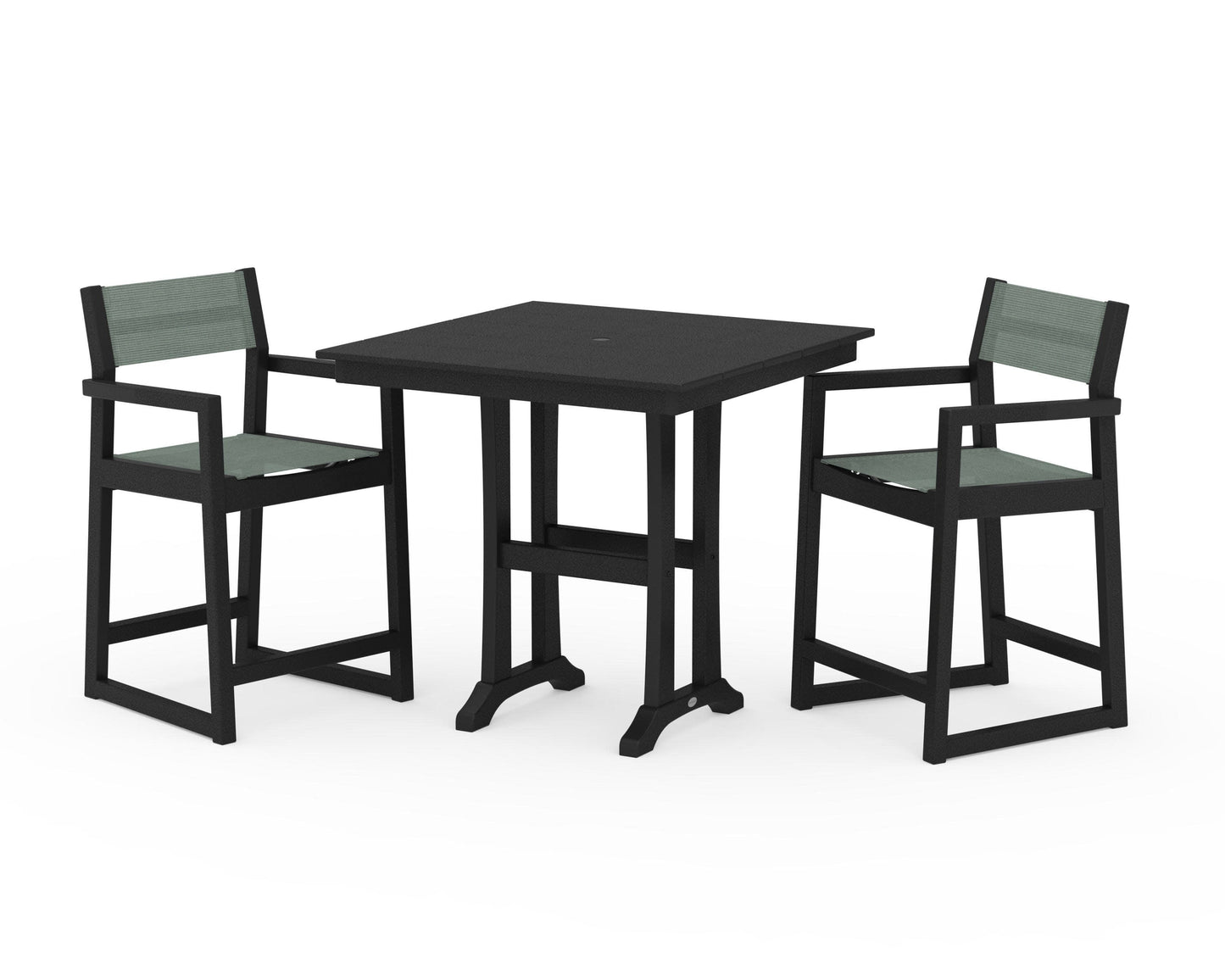 POLYWOOD EDGE Sling Arm Chair 3-Piece Farmhouse Counter Set with Trestle Legs — Black / Dupioni Sea Mist Sling