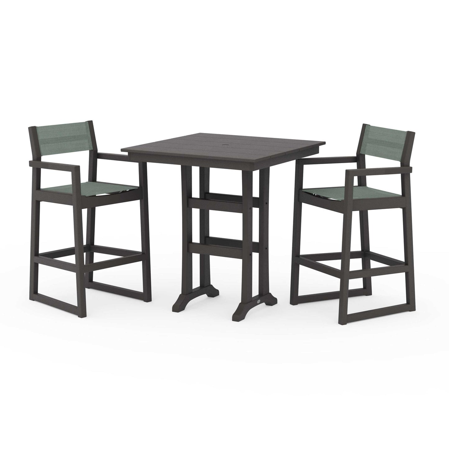 POLYWOOD EDGE Sling Arm Chair 3-Piece Farmhouse Bar Set with Trestle Legs — Vintage Coffee / Dupioni Sea Mist Sling
