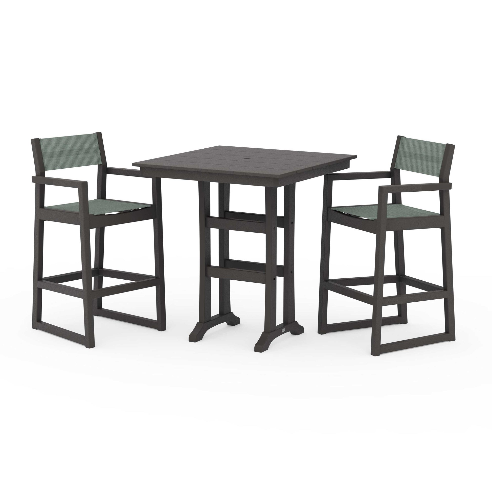 POLYWOOD EDGE Sling Arm Chair 3-Piece Farmhouse Bar Set with Trestle Legs — Vintage Coffee / Dupioni Sea Mist Sling