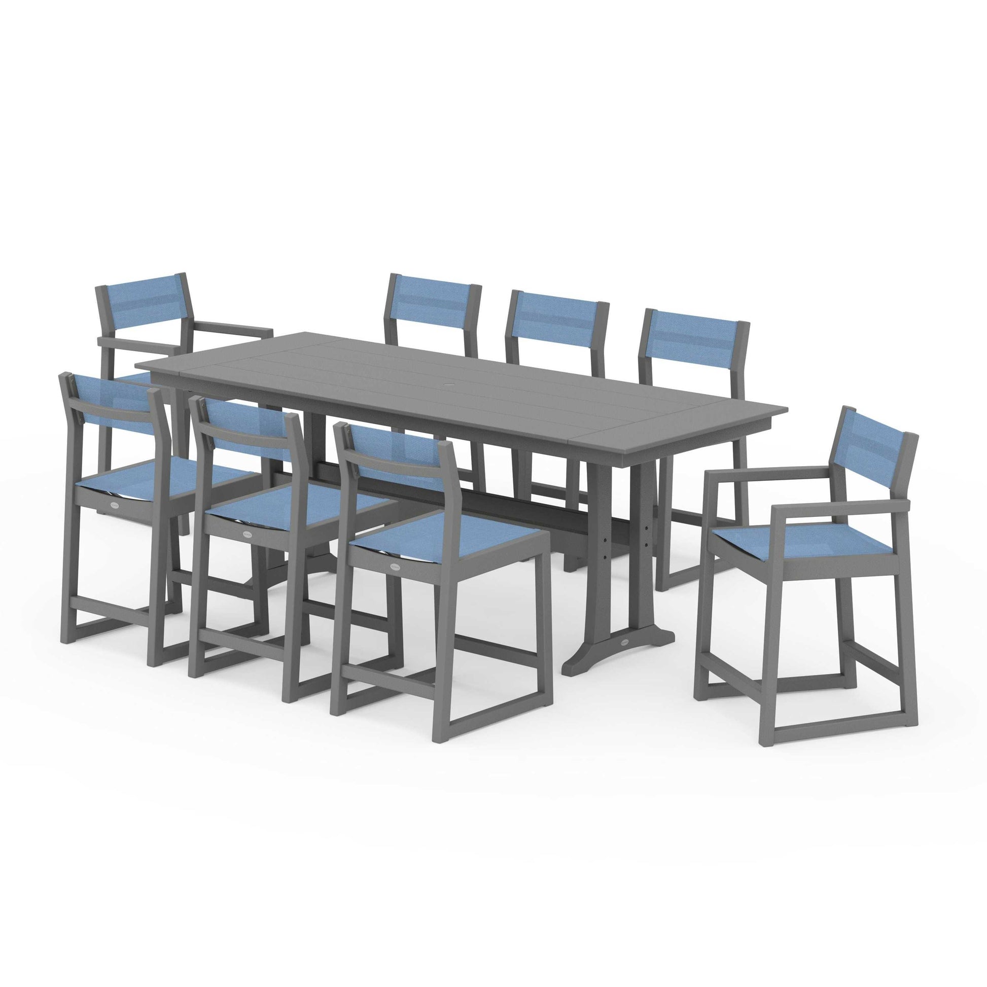 POLYWOOD EDGE Sling 9-Piece Farmhouse Counter Set with Trestle Legs — Slate Grey / Poolside Sling