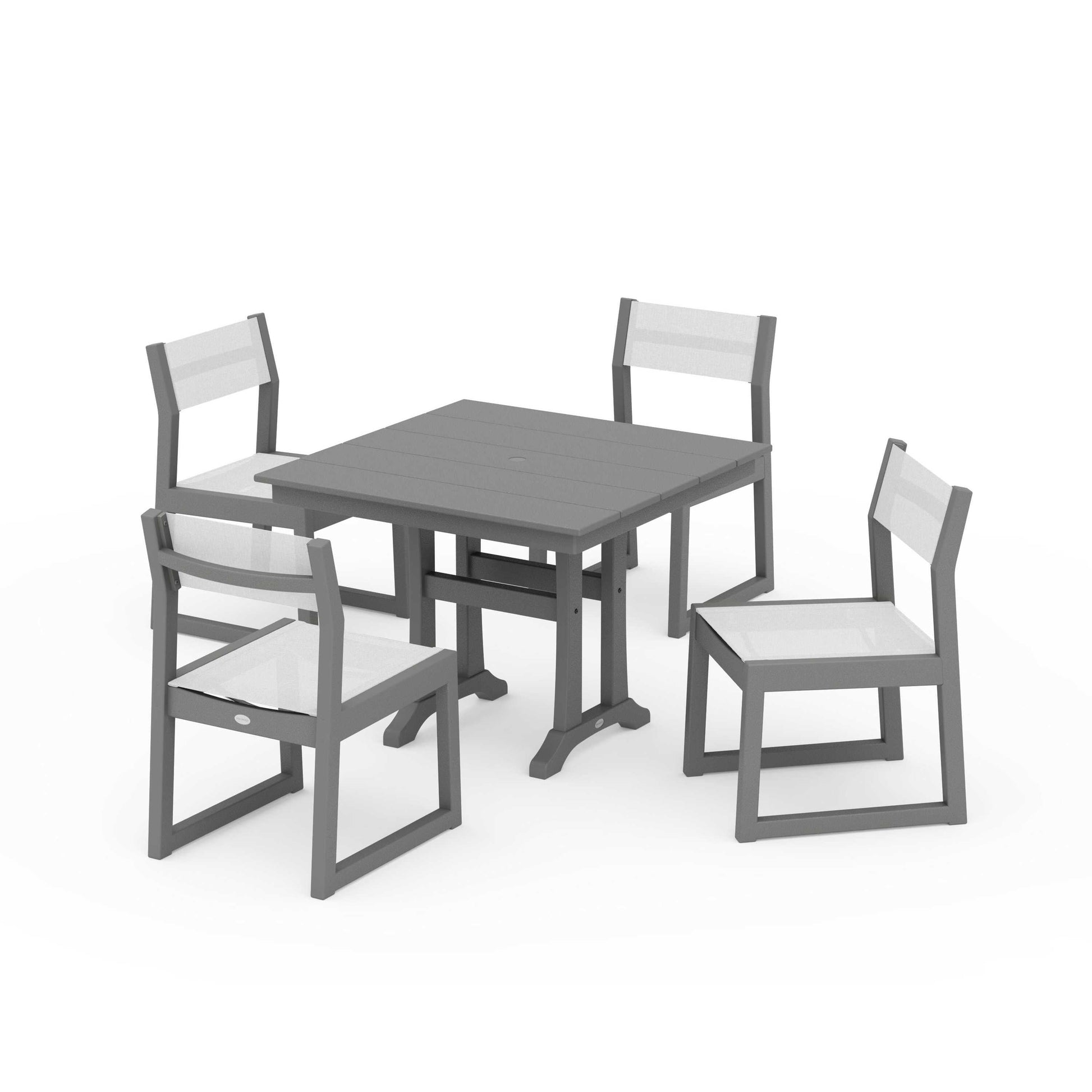 POLYWOOD EDGE Sling 5-Piece Farmhouse Trestle Side Chair Dining Set — Slate Grey / White Sling