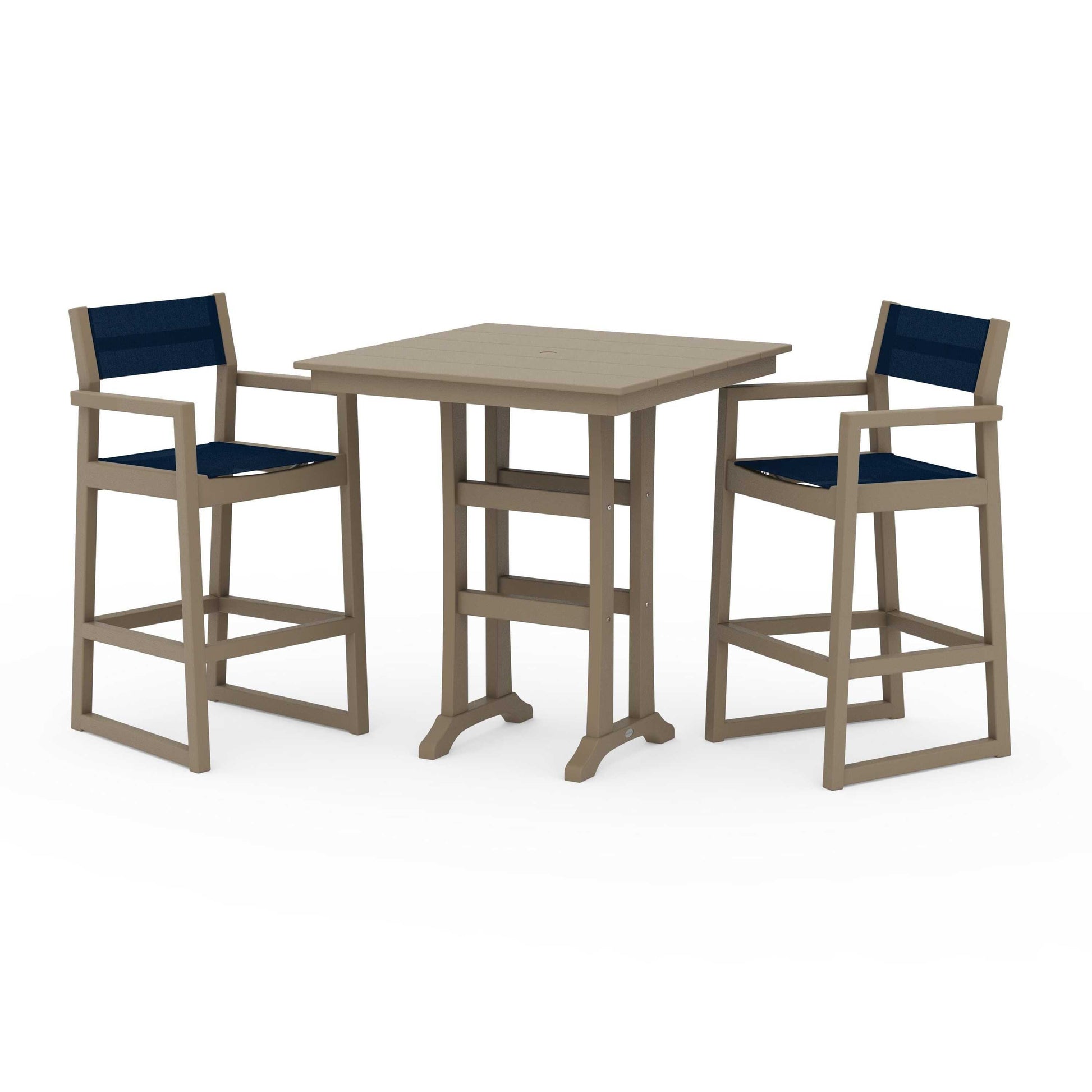 POLYWOOD EDGE Sling Arm Chair 3-Piece Farmhouse Bar Set with Trestle Legs — Vintage Sahara / Navy Blue Sling