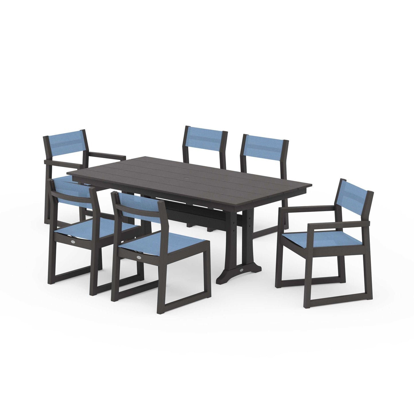 POLYWOOD EDGE Sling 7-Piece Farmhouse Trestle Dining Set — Vintage Coffee / Poolside Sling