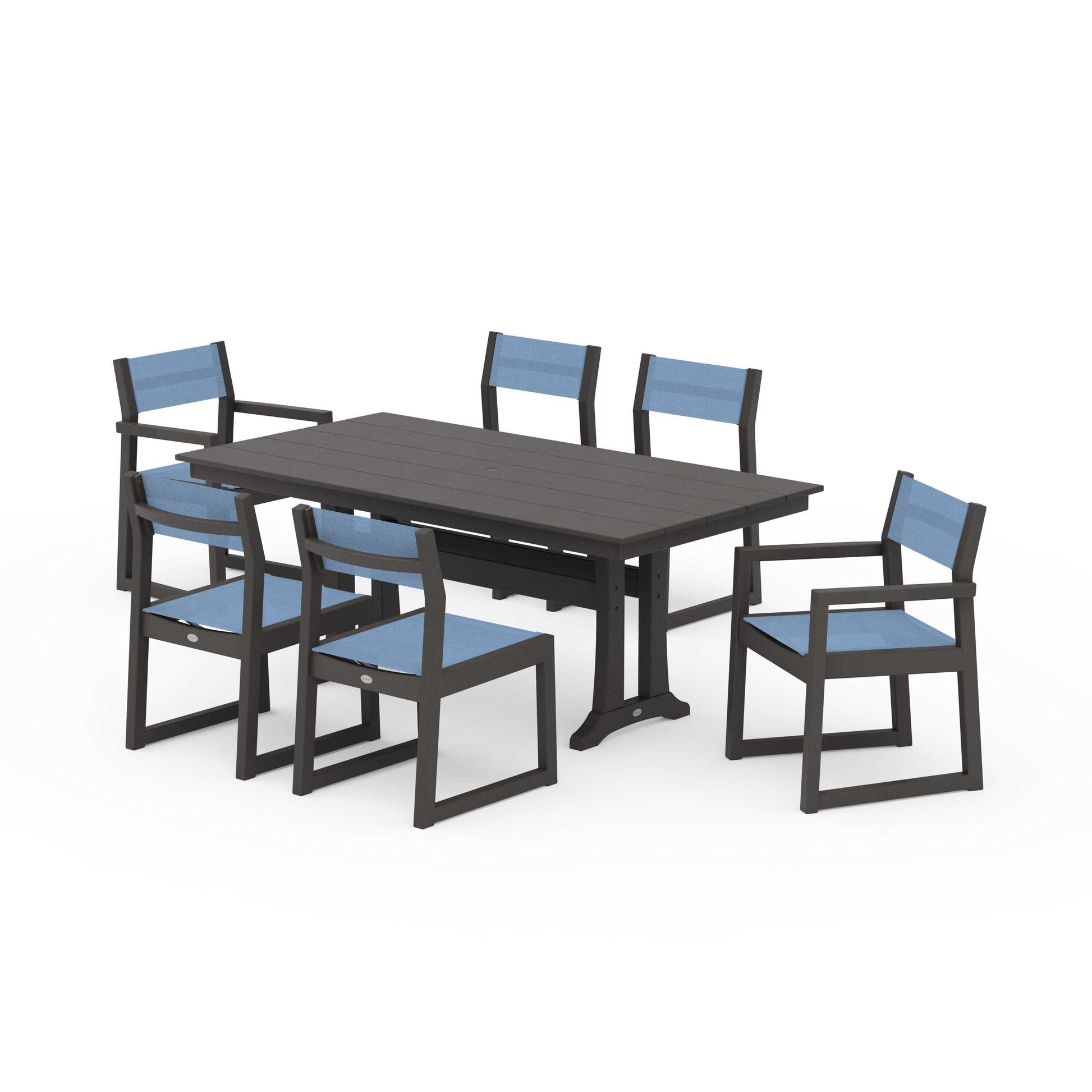 POLYWOOD EDGE Sling 7-Piece Farmhouse Trestle Dining Set — Vintage Coffee / Poolside Sling