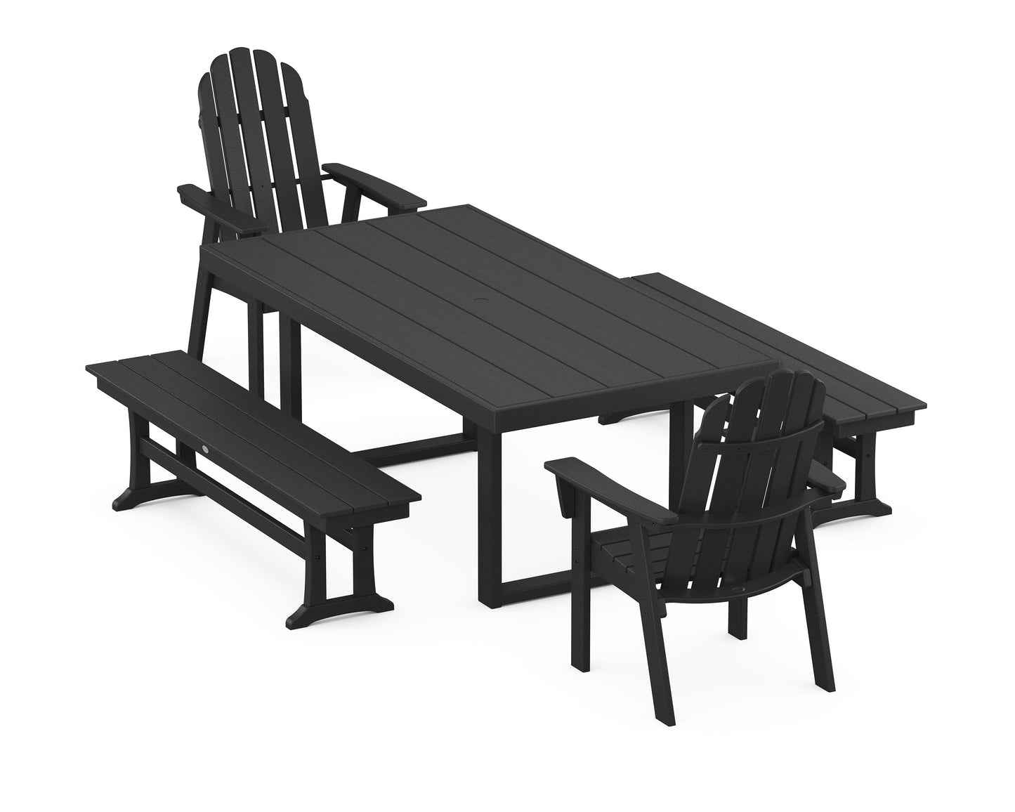 POLYWOOD Vineyard Adirondack 5-Piece Dining Set with Benches — Black
