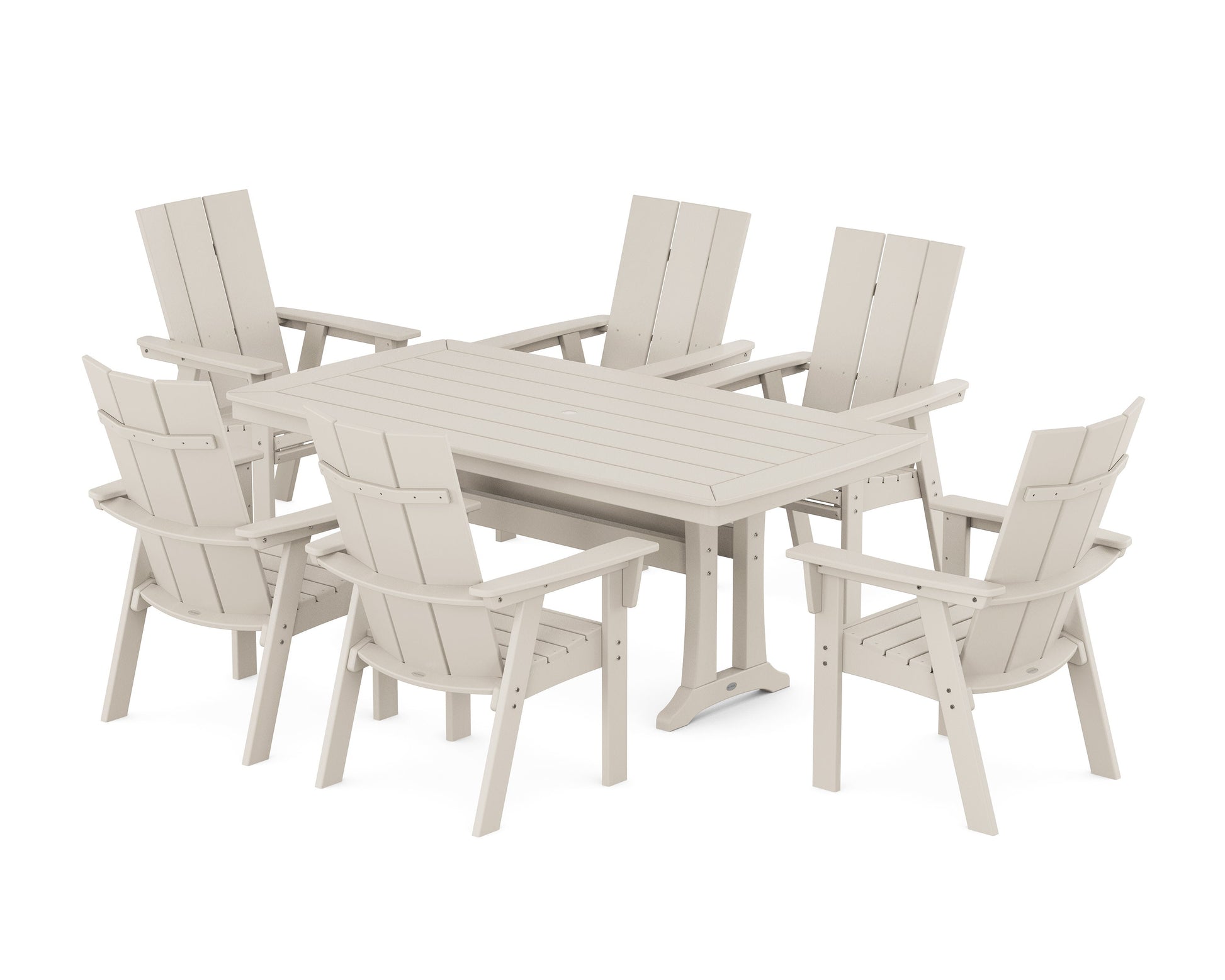 POLYWOOD Modern Curveback Adirondack 7-Piece Dining Set with Trestle Legs — Sand