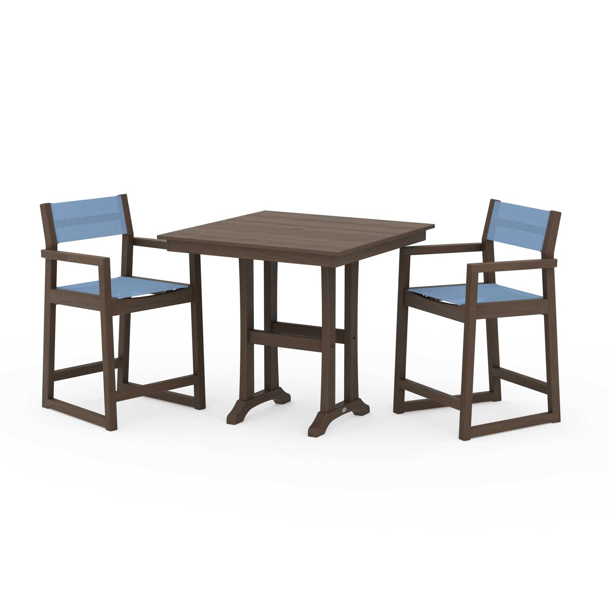 POLYWOOD EDGE Sling Arm Chair 3-Piece Farmhouse Counter Set with Trestle Legs — Kona / Poolside Sling