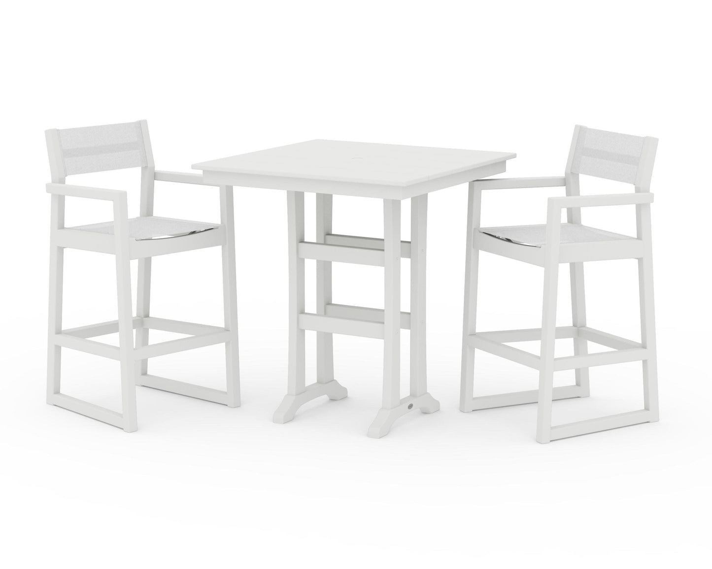 POLYWOOD EDGE Sling Arm Chair 3-Piece Farmhouse Bar Set with Trestle Legs — Vintage White / White Sling