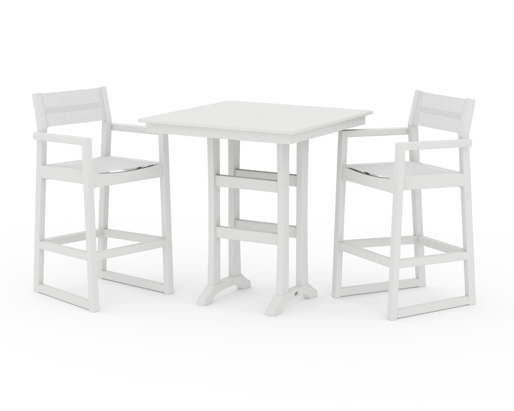 POLYWOOD EDGE Sling Arm Chair 3-Piece Farmhouse Bar Set with Trestle Legs — Vintage White / White Sling