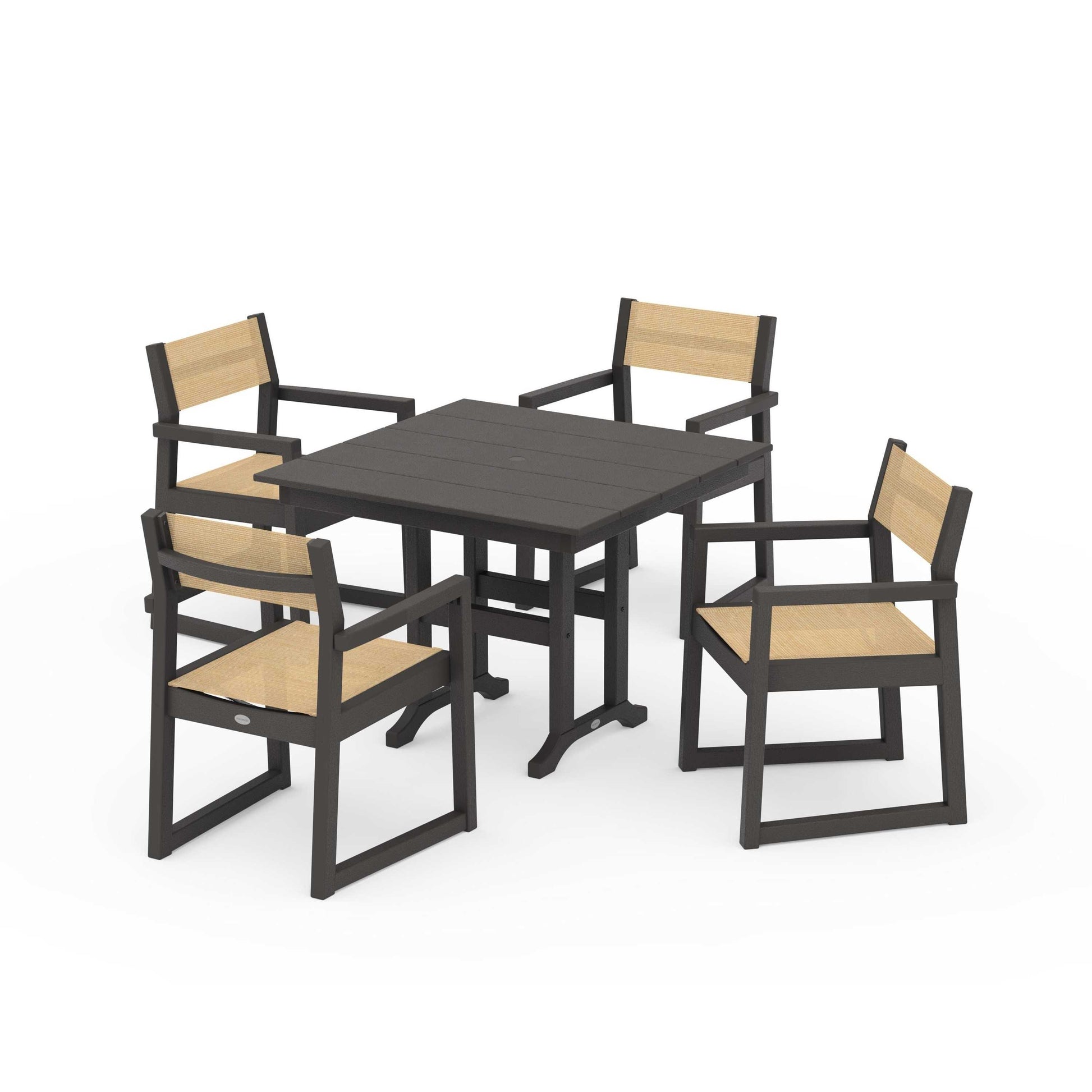 POLYWOOD EDGE Sling Arm Chair 5-Piece Farmhouse Dining Set — Vintage Coffee / Dupioni Apricot Sling