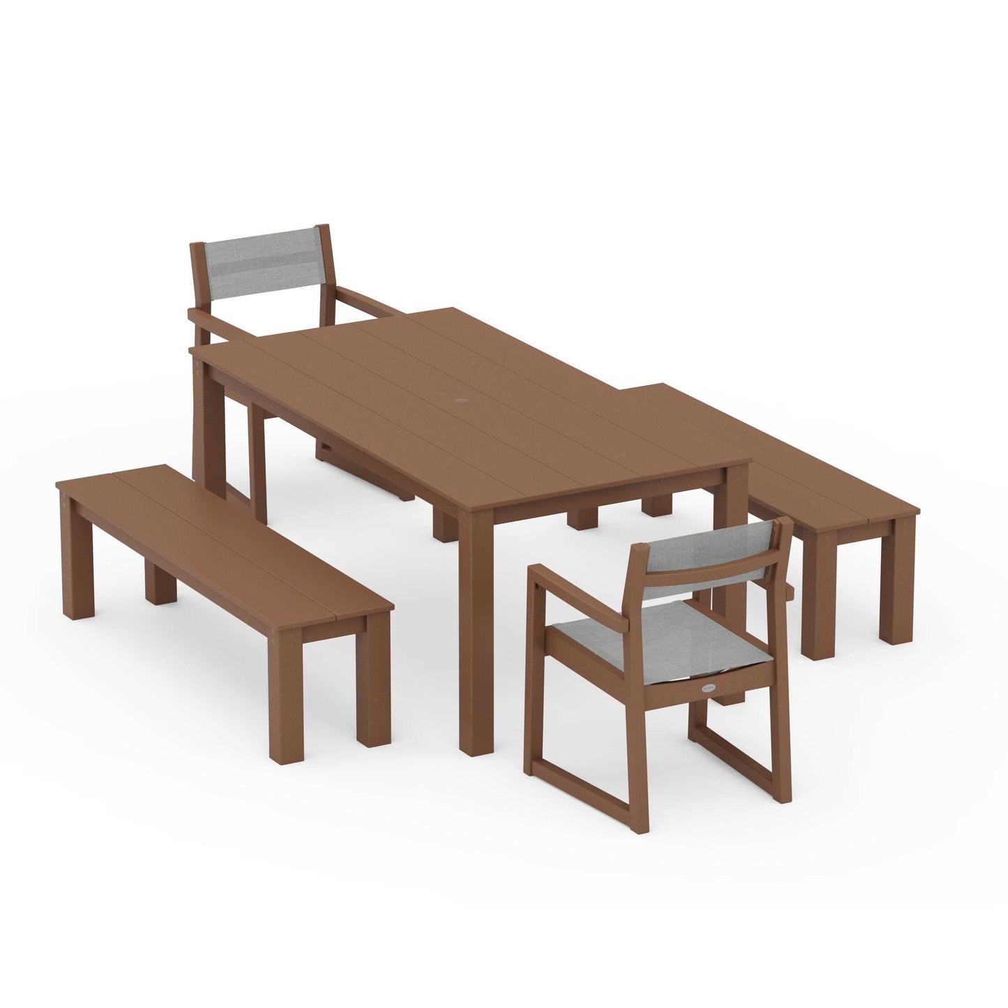 POLYWOOD EDGE Sling Arm Chair 5-Piece Parsons Dining Set with Benches — Teak / Metallic Sling