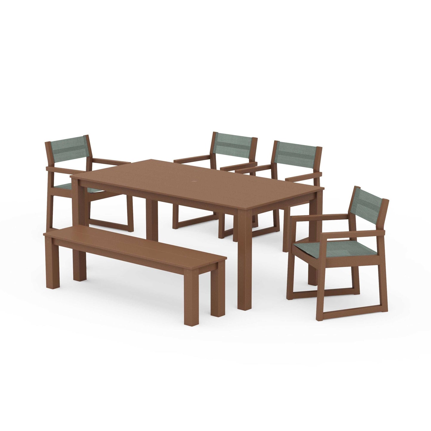 POLYWOOD EDGE Sling Arm Chair 6-Piece Parsons Dining Set with Bench — Teak / Dupioni Sea Mist Sling