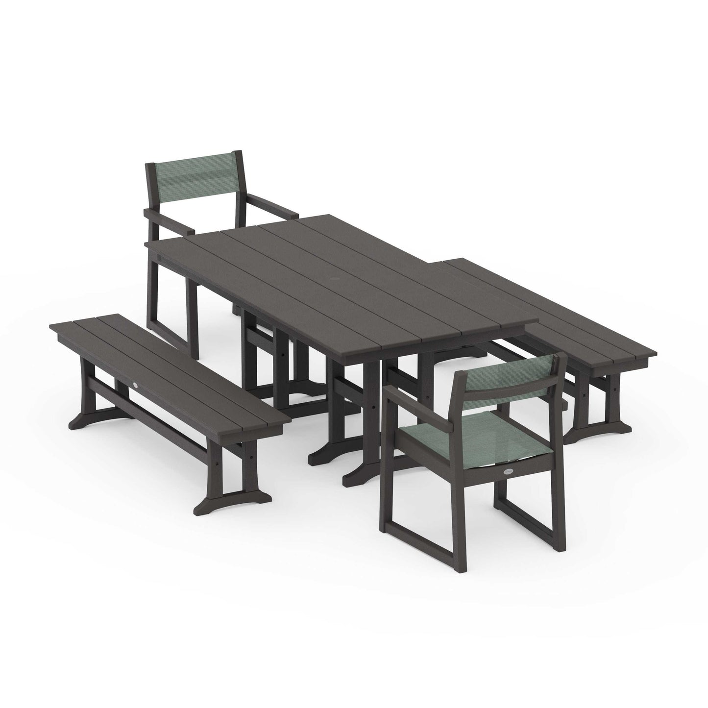 POLYWOOD EDGE Sling Arm Chair 5-Piece Farmhouse Dining Set with Benches — Vintage Coffee / Dupioni Sea Mist Sling