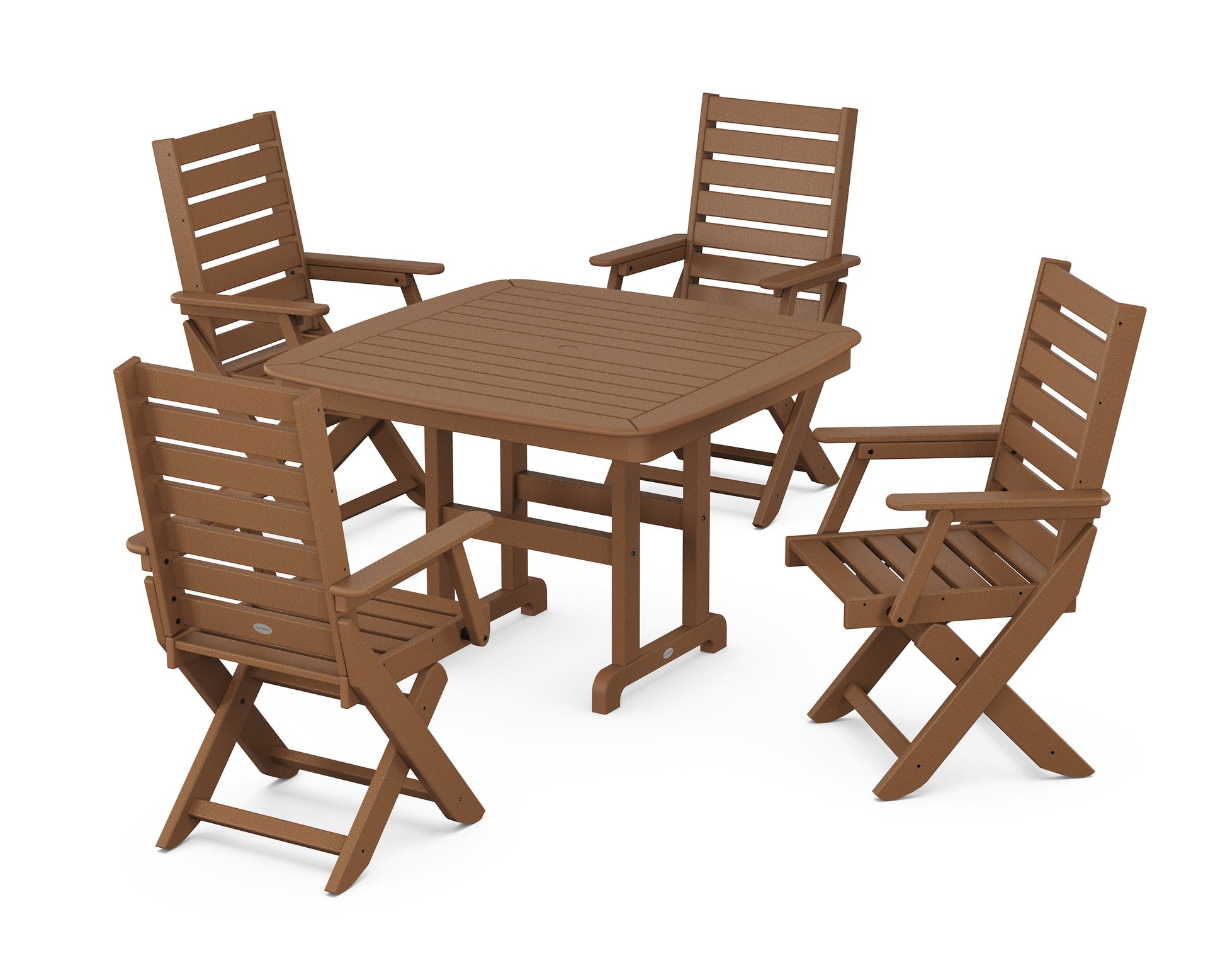 POLYWOOD Captain Folding Chair 5-Piece Dining Set with Trestle Legs — Teak