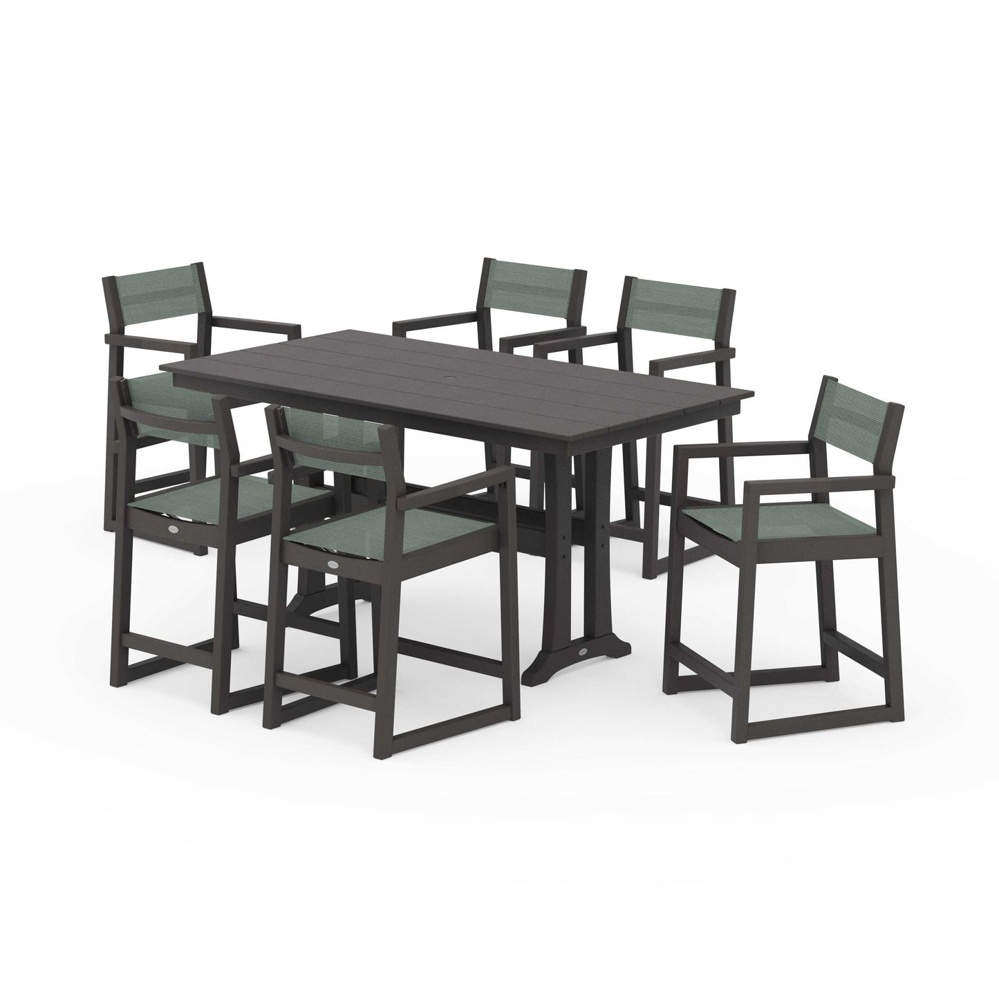 POLYWOOD EDGE Sling Arm Chair 7-Piece Farmhouse Counter Set with Trestle Legs — Vintage Coffee / Dupioni Sea Mist Sling