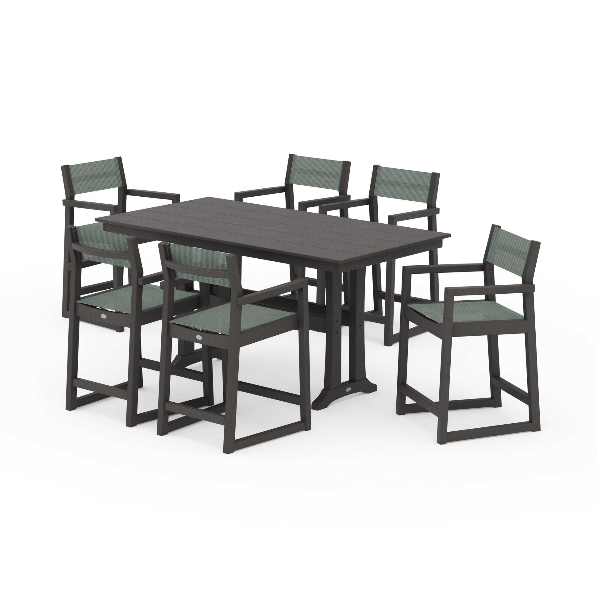 POLYWOOD EDGE Sling Arm Chair 7-Piece Farmhouse Counter Set with Trestle Legs — Vintage Coffee / Dupioni Sea Mist Sling