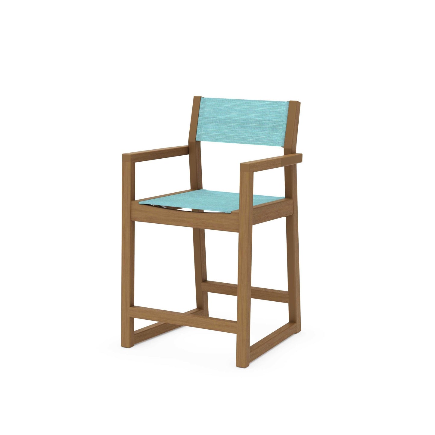 POLYWOOD EDGE Sling Counter Arm Chair — Natural / Dupioni Aquamarine Sling