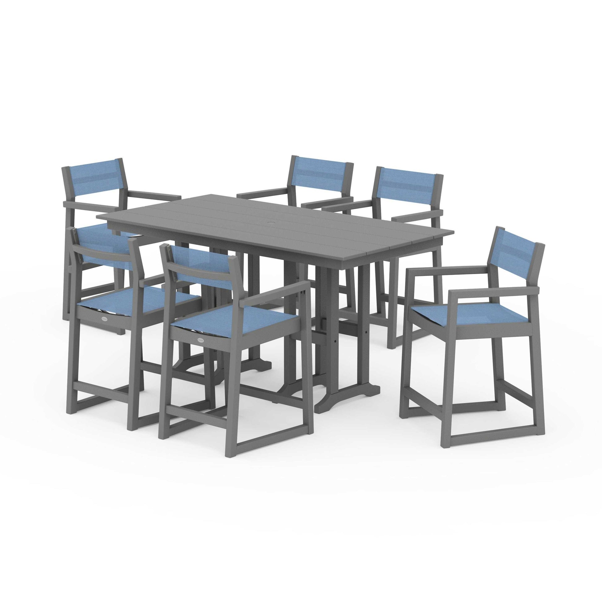 POLYWOOD EDGE Sling Arm Chair 7-Piece Farmhouse Counter Set — Slate Grey / Poolside Sling