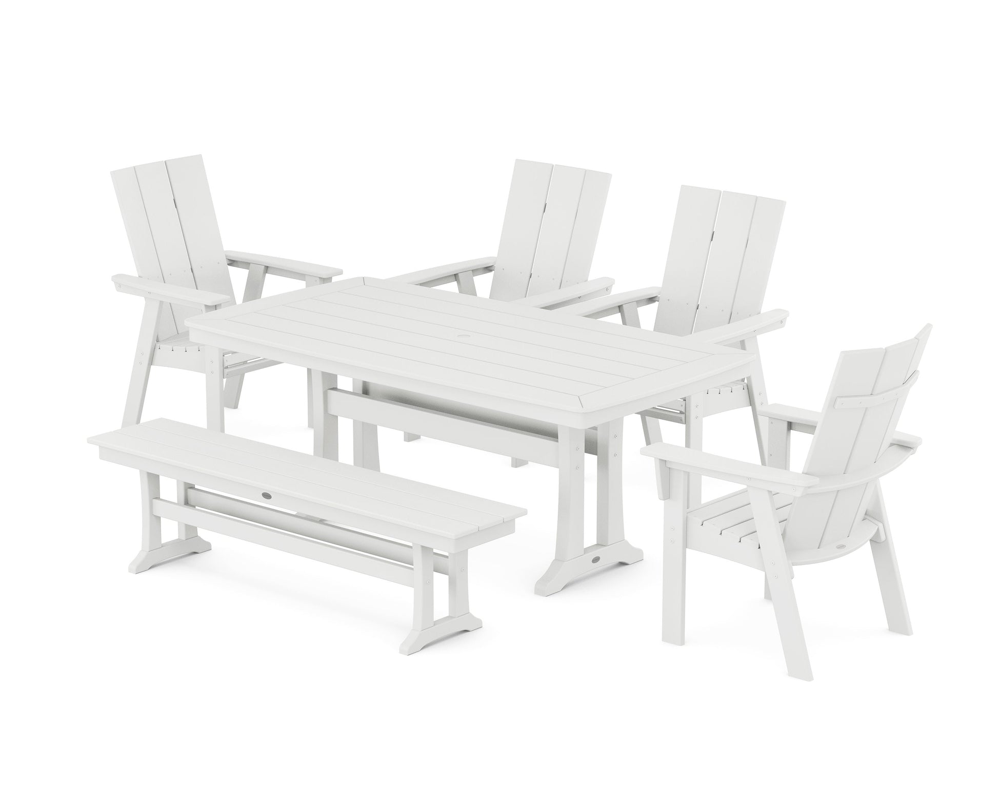 POLYWOOD Modern Curveback Adirondack 6-Piece Farmhouse Dining Set with Trestle Legs and Bench — White