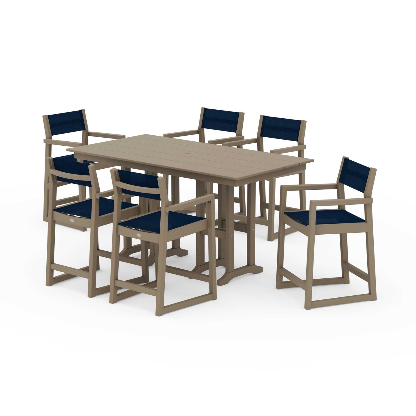 POLYWOOD EDGE Sling Arm Chair 7-Piece Farmhouse Counter Set — Vintage Sahara / Navy Blue Sling