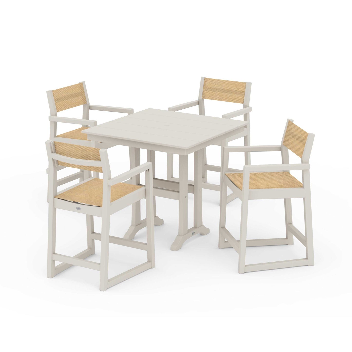 POLYWOOD EDGE Sling Arm Chair 5-Piece Farmhouse Counter Set with Trestle Legs — Sand / Dupioni Apricot Sling