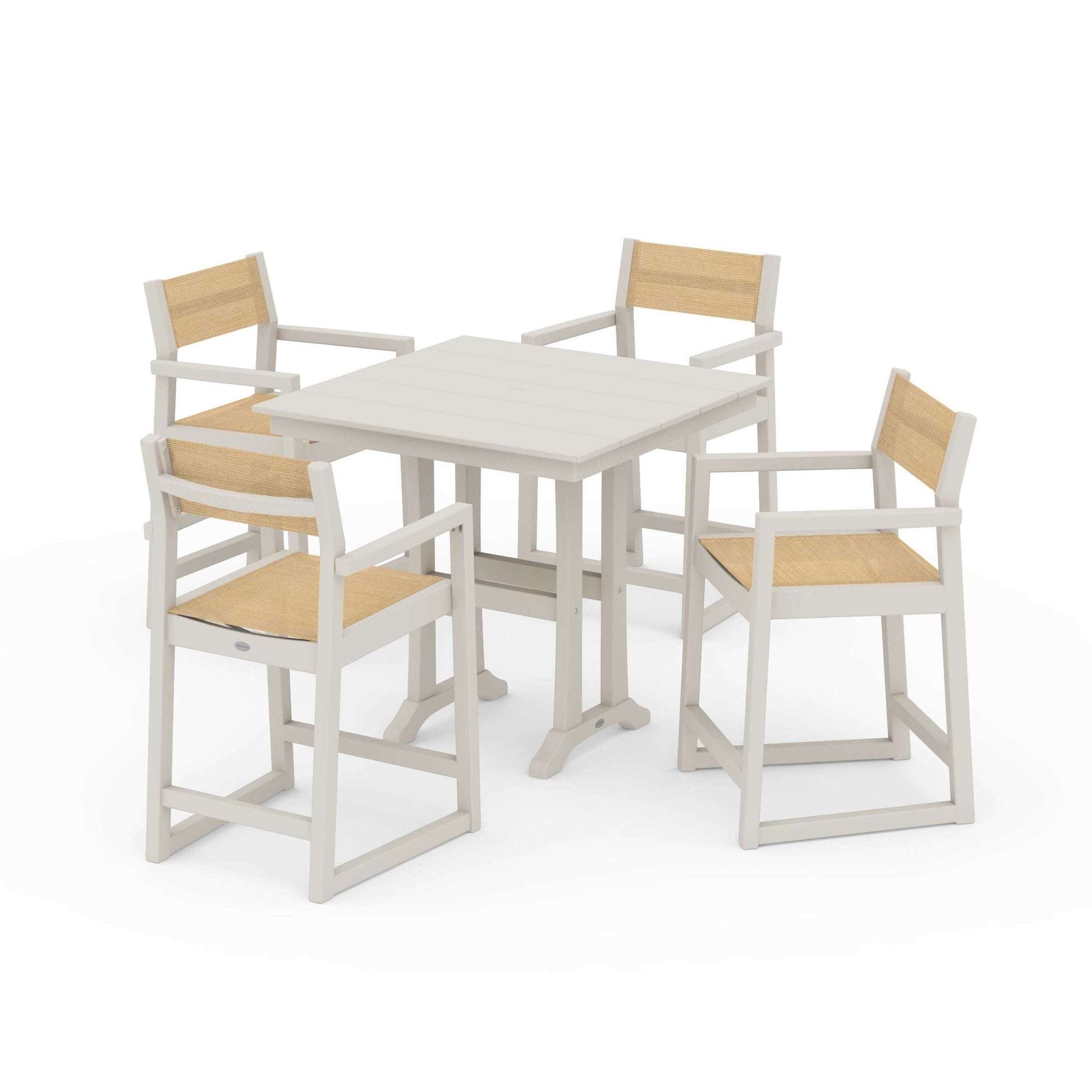 POLYWOOD EDGE Sling Arm Chair 5-Piece Farmhouse Counter Set with Trestle Legs — Sand / Dupioni Apricot Sling