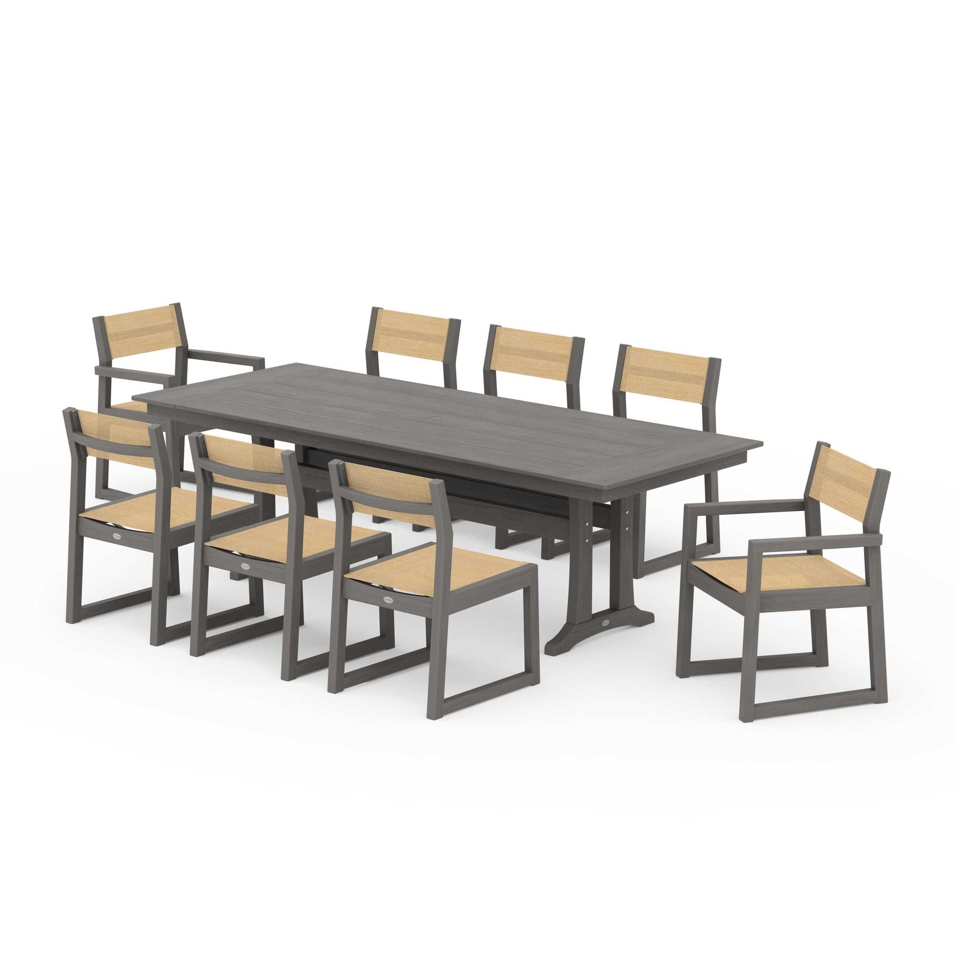 POLYWOOD EDGE Sling 9-Piece Farmhouse Trestle Dining Set — Driftwood / Dupioni Apricot Sling