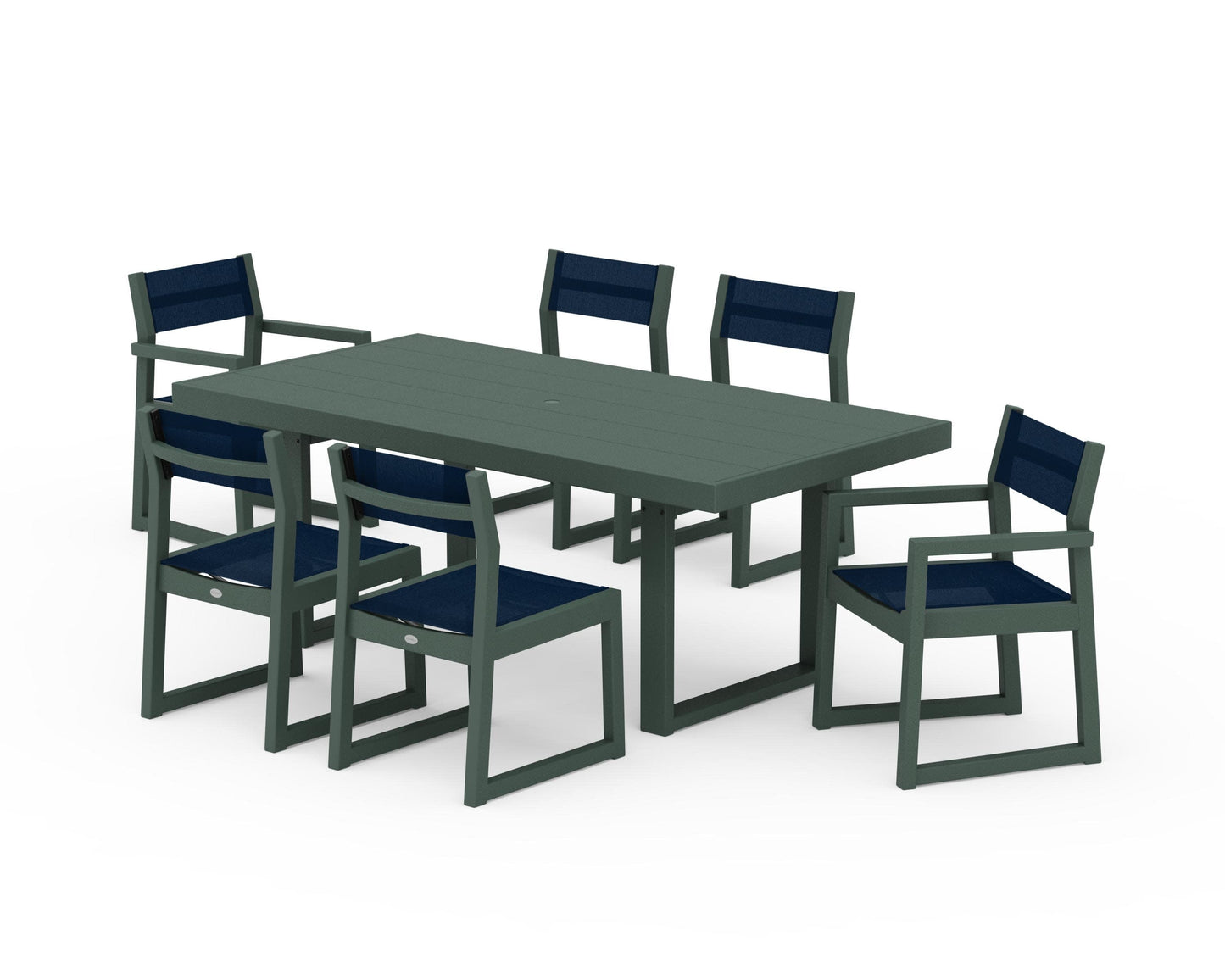 POLYWOOD EDGE Sling 7-Piece Dining Set — Green / Navy Blue Sling