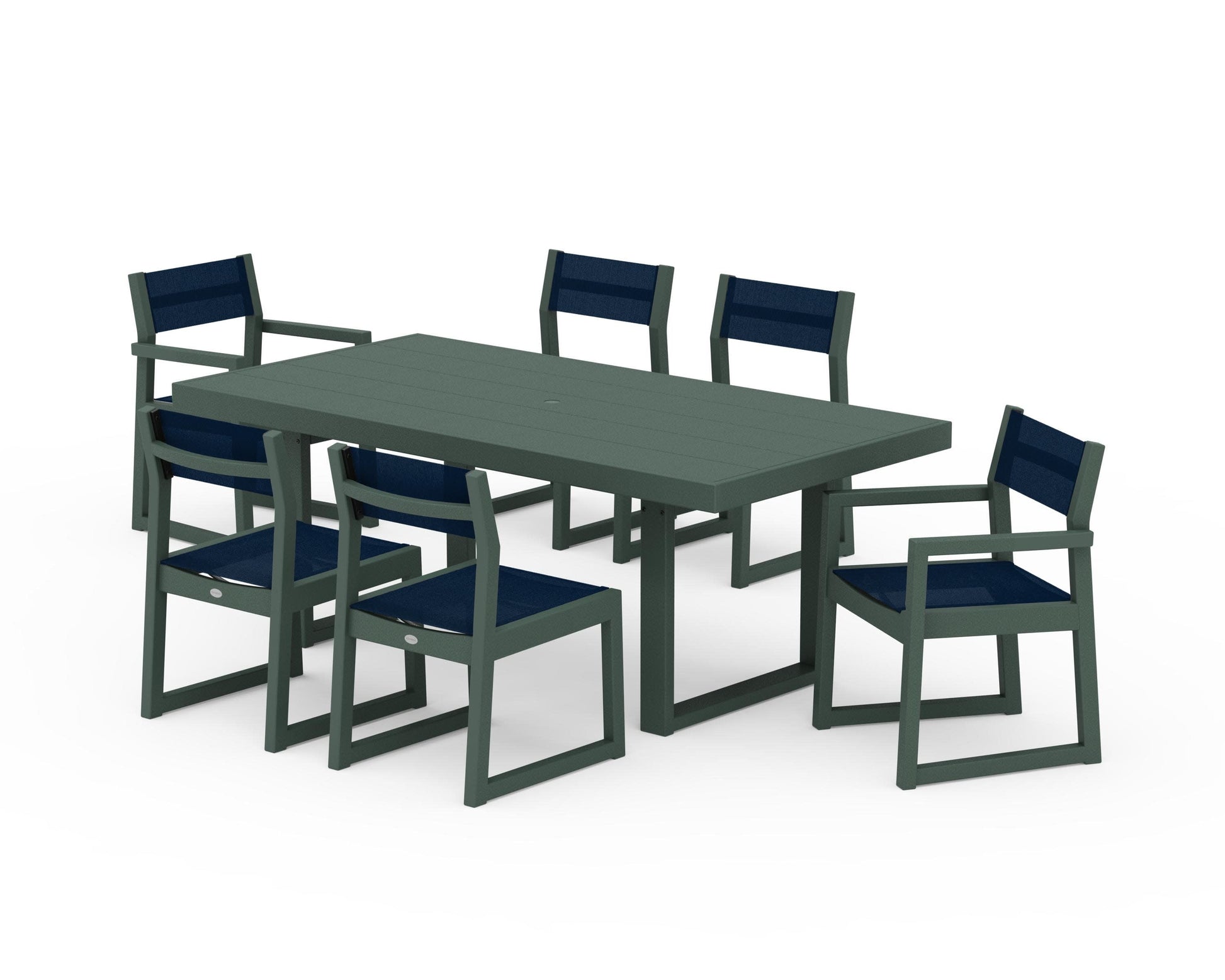 POLYWOOD EDGE Sling 7-Piece Dining Set — Green / Navy Blue Sling